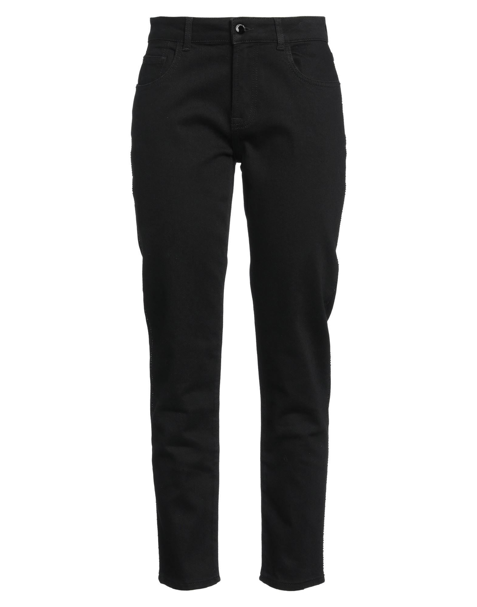 테이퍼드 진, 데님, 장식 디테일 솔리드 컬러, 크리스탈, 브랜드 로고, 컬러 워싱, 하이 웨이스트, 레귤러 핏, 지퍼 여밈, 1 버튼, 멀티 포켓, 스트레치, 손세탁, 표백 금지, 건조기 사용불가. 이미지