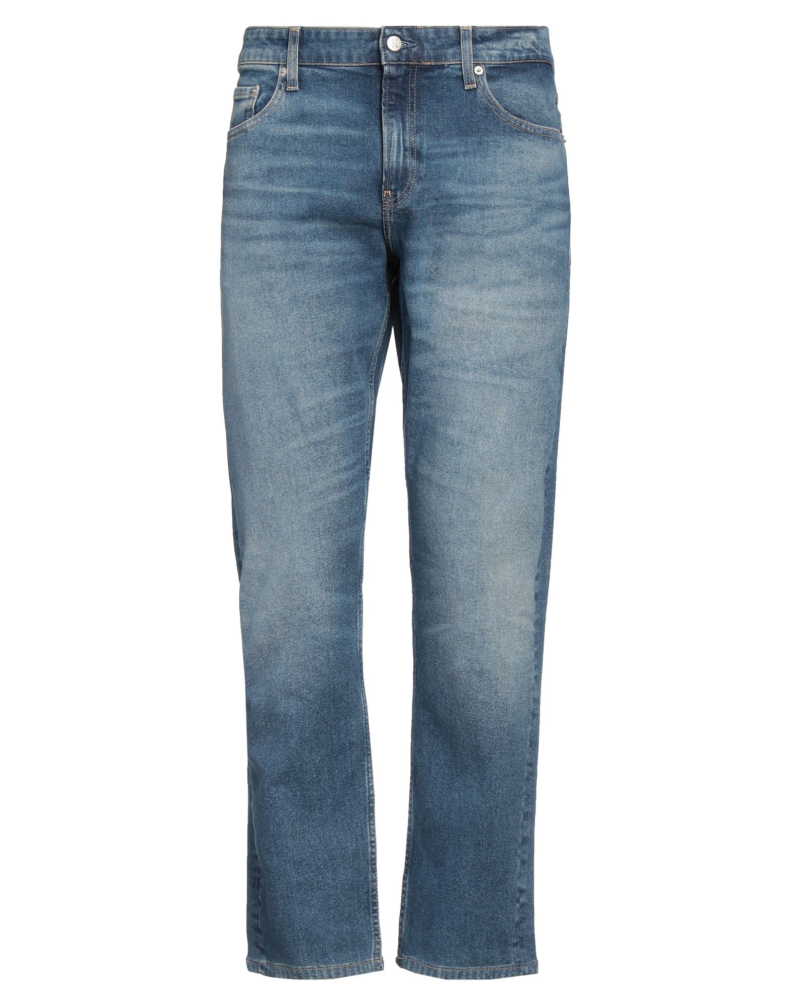 테이퍼드 진, 데님, 바랜 효과, 솔리드 컬러, 브랜드 로고, 미디엄 워싱, 컴포트 핏, 1 버튼, 지퍼 여밈, 멀티 포켓, 세탁기로 세탁, 표백 금지, 건조기 사용가능. 이미지