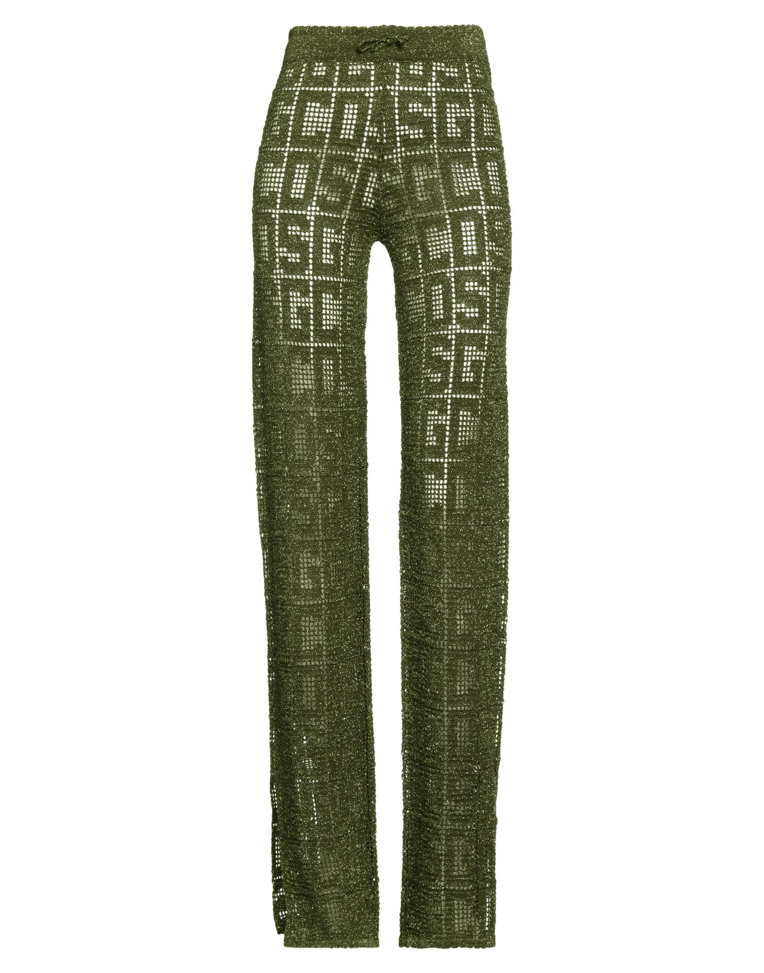 스트레이트 레그 팬츠, 크로셰 니트, 메탈릭 효과, 라이트웨이트 니트, 로고 디자인, 장식 부착 없음, 노멀 웨이스트, 엘라스틱 웨이스트라인, 레귤러 핏, 안감없음, 드로스트링 여밈, 옆면 롱 슬릿, 손세탁, 표백 금지, 건조기 사용불가. 이미지