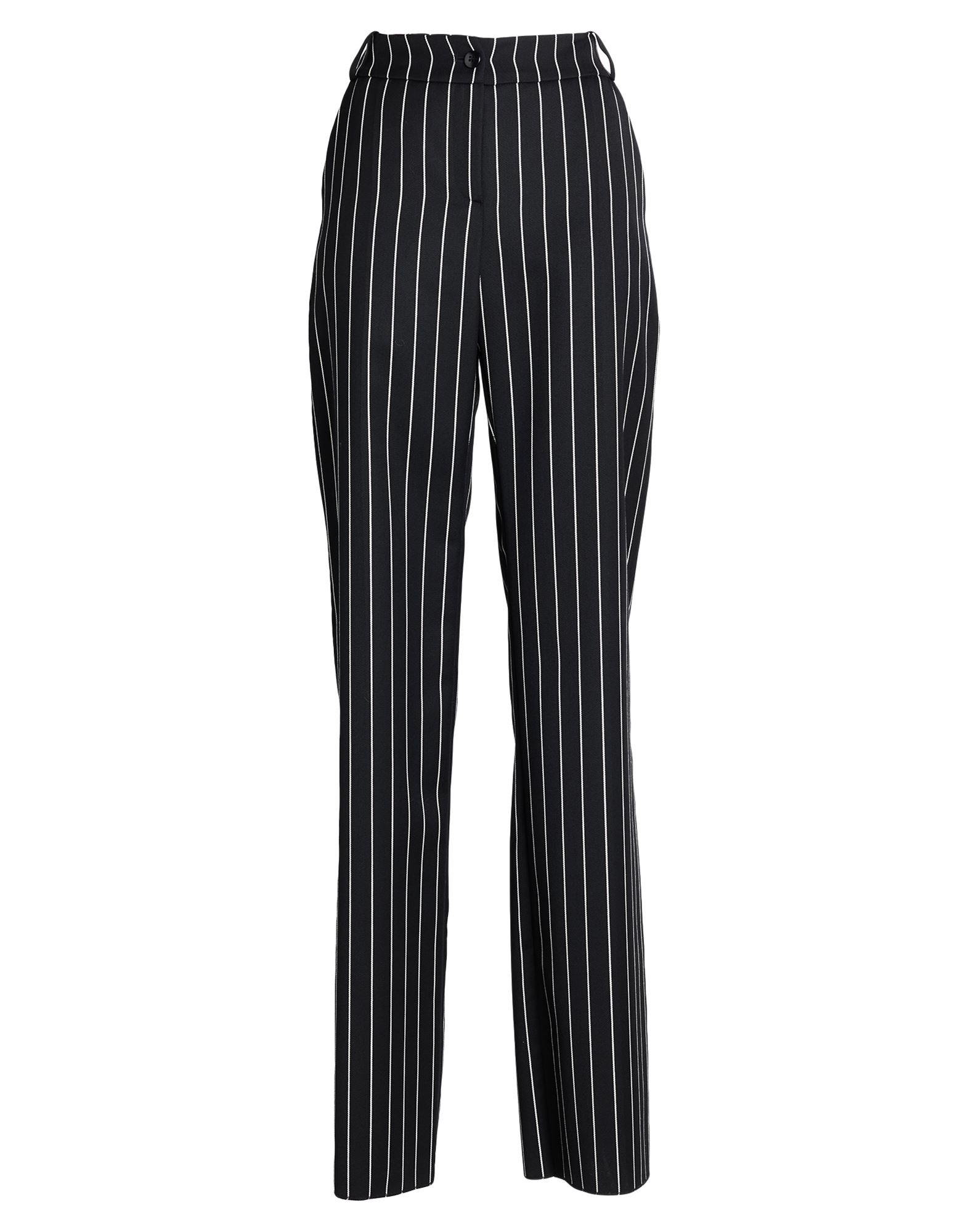 와이드 레그 팬츠, 울 보일, 스트라이프, 장식 부착 없음, 노멀 웨이스트, 레귤러 핏, 지퍼 여밈, 1 버튼, 웰트 포켓, 슬릿 포켓, 드라이클리닝, 표백 금지, 건조기 사용불가. 이미지