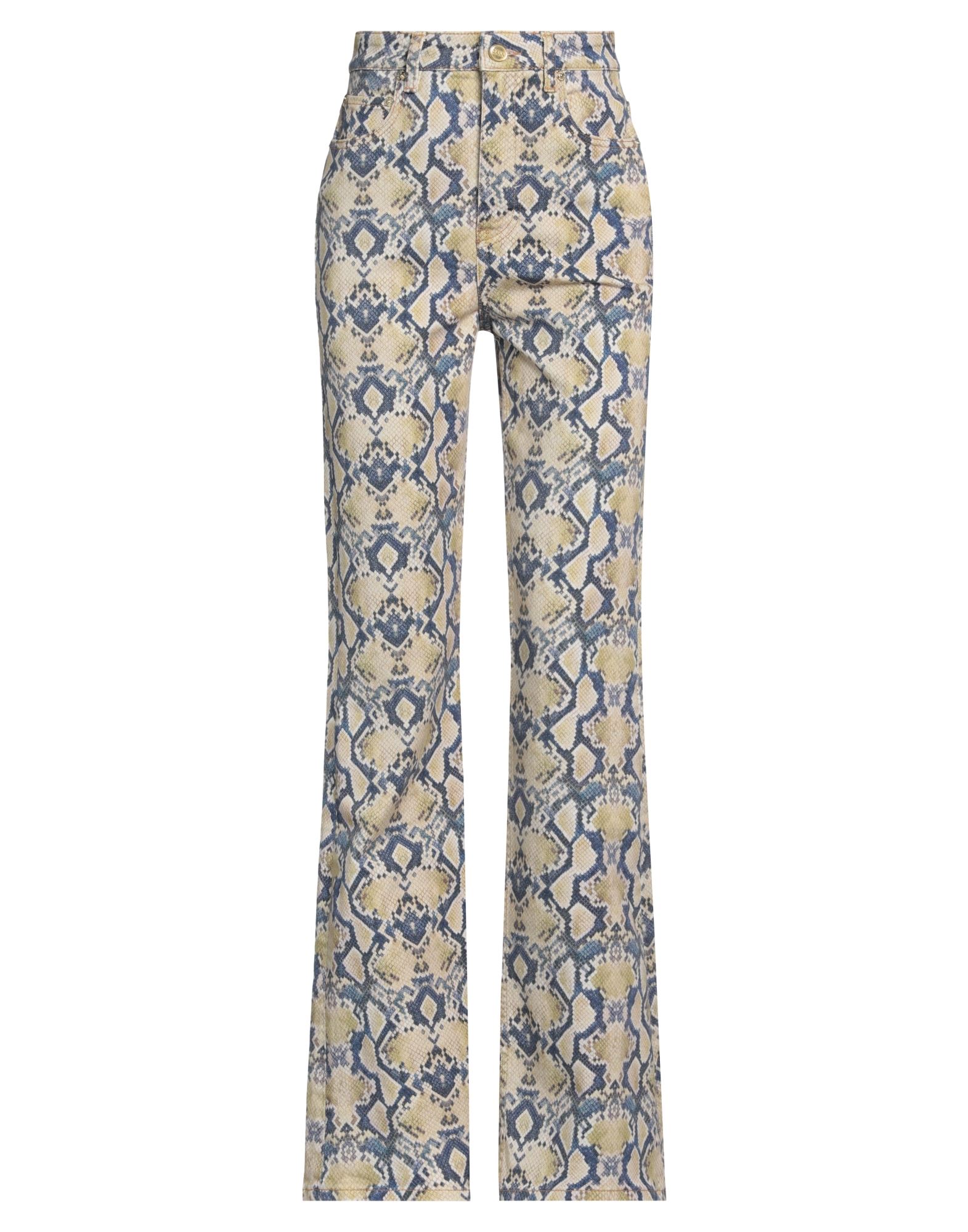 플레어 진, 데님, 스네이크스킨 프린트, 브랜드 로고, 컬러 워싱, 하이 웨이스트, 레귤러 핏, 안감없음, 1 버튼, 지퍼 여밈, 멀티 포켓, 세탁기로 세탁, 표백 금지, 건조기 사용불가. 이미지