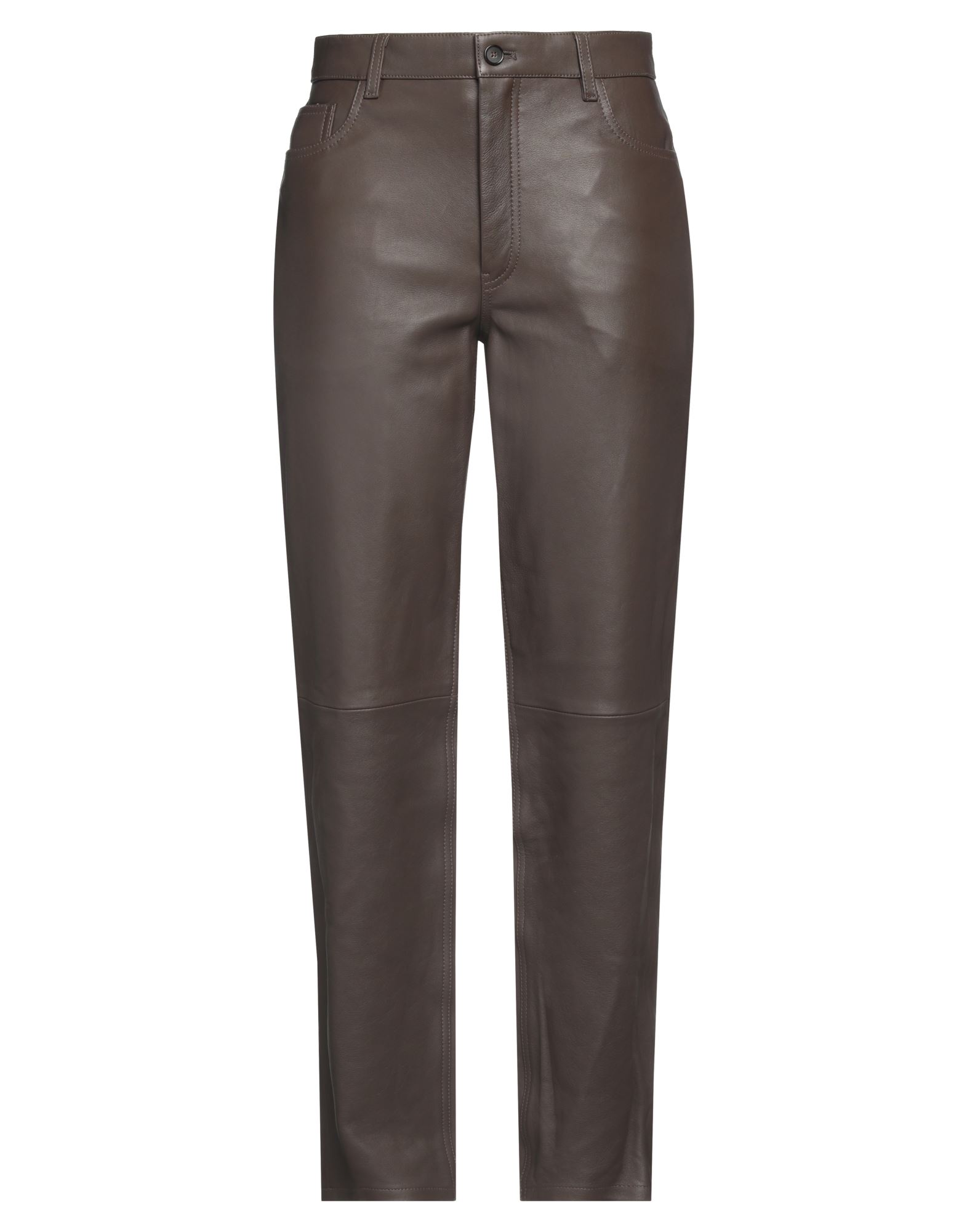 스트레이트 레그 팬츠, 가죽, 솔리드 컬러, 장식 부착 없음, 하이 웨이스트, 레귤러 핏, 1 버튼, 지퍼 여밈, 멀티 포켓, 전문 세탁 또는 드라이클리닝, 표백 금지, 건조기 사용불가, 동물성 비섬유 자재 함유. 이미지