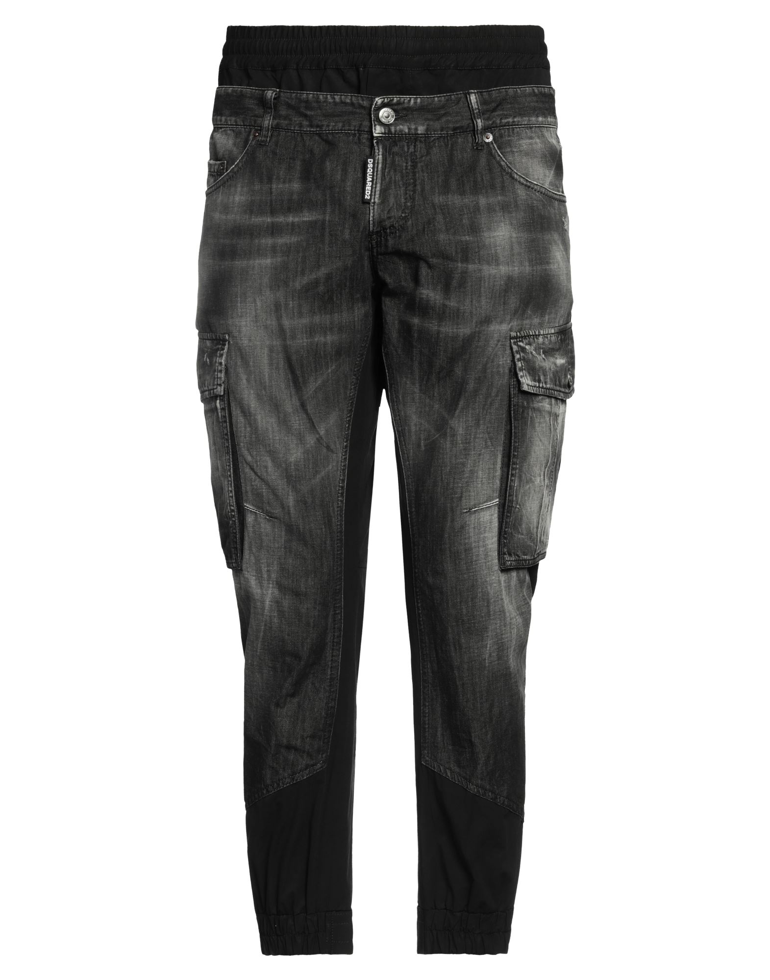 테크니컬 패브릭, 데님, 바랜 효과, 디스트레스드 효과, 브랜드 로고, 솔리드 컬러, 컬러 워싱, 노멀 웨이스트, 엘라스틱 웨이스트, 테이퍼드 레그, 레귤러 핏, 버튼 여밈, 엘라스틱 헴라인, 멀티 포켓, 스트레치, 카고스타일 포켓. 이미지