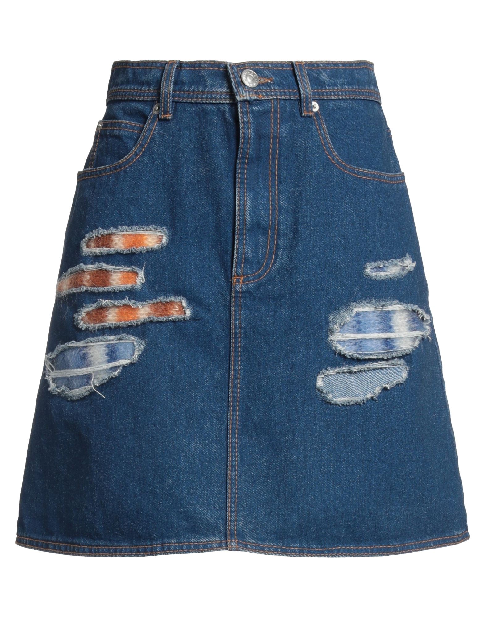 플레어 스커트, 데님, 디스트레스드 효과, 바랜 효과, 장식 디테일 솔리드 컬러, 니트 트리밍, 가죽 인서트, 브랜드 로고, 미디엄 워싱, 안감없음, 1 버튼, 지퍼 여밈, 멀티 포켓, 드라이클리닝, 표백 금지, 건조기 사용불가, 동물성 비섬유 자재 함유, 이 브랜드는 사이즈가 크게 나옵니다. 이미지