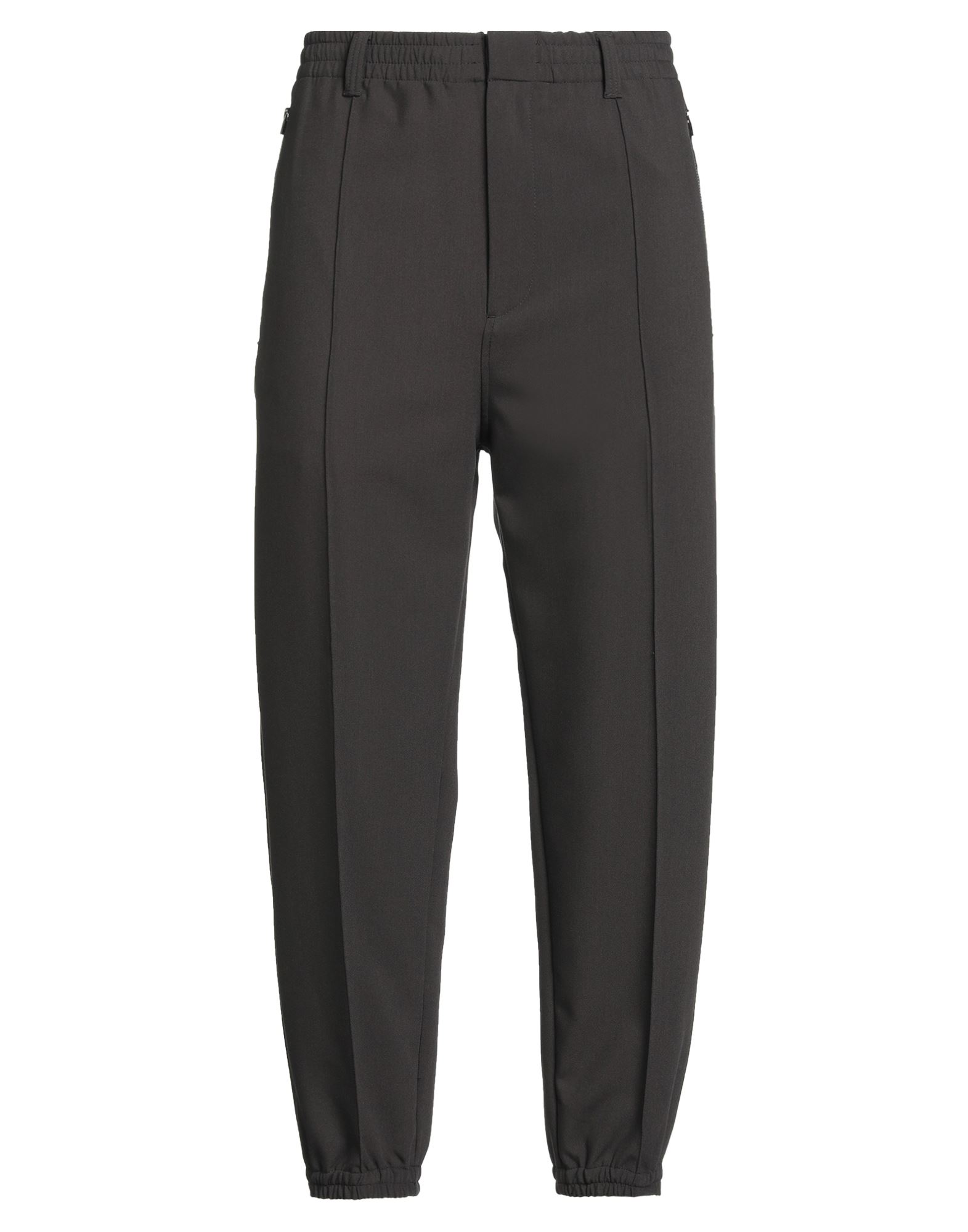 캐주얼 팬츠, 크레이프, 스트레치 패브릭, 솔리드 컬러, 브랜드 로고, 하이 웨이스트, 엘라스틱 웨이스트라인, 테이퍼드 레그, 레귤러 핏, 지퍼 여밈, 후크 여밈, 엘라스틱 헴라인, 지퍼 포켓, 웰트 포켓, 세탁기로 세탁, 표백 금지, 건조기 사용불가. 이미지