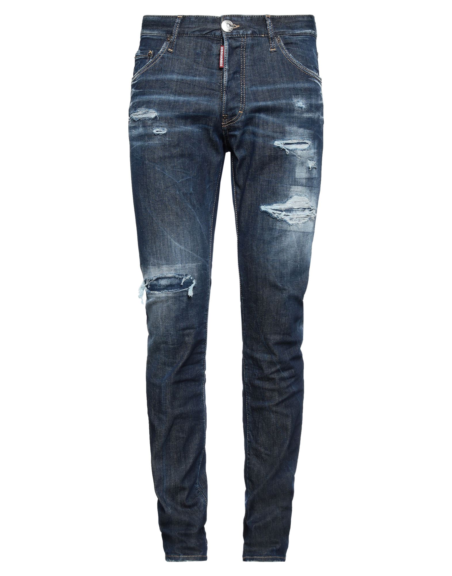 데님, 바랜 효과, 디스트레스드 효과, 브랜드 로고, 솔리드 컬러, 다크 워싱, 노멀 웨이스트, 벨트 루프, 레귤러 핏, 버튼 여밈, 멀티 포켓, 스트레치, 스트레이트 레그 스타일. 이미지