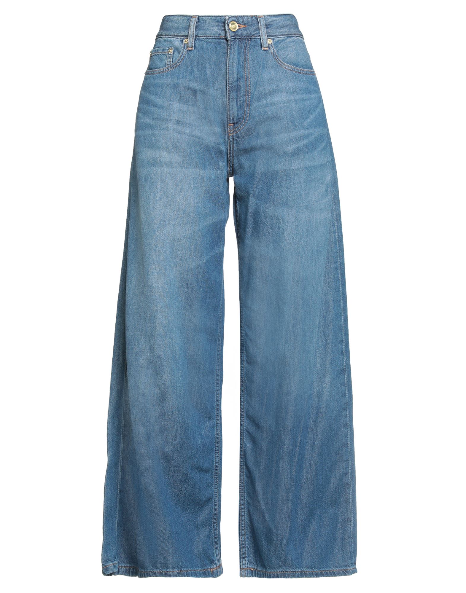 와이드 레그 진, 데님, 바랜 효과, 솔리드 컬러, 브랜드 로고, 미디엄 워싱, 하이 웨이스트, 벨트 루프, 레귤러 핏, 지퍼 여밈, 멀티 포켓, 세탁기로 세탁, 표백 금지, 건조기 사용불가. 이미지