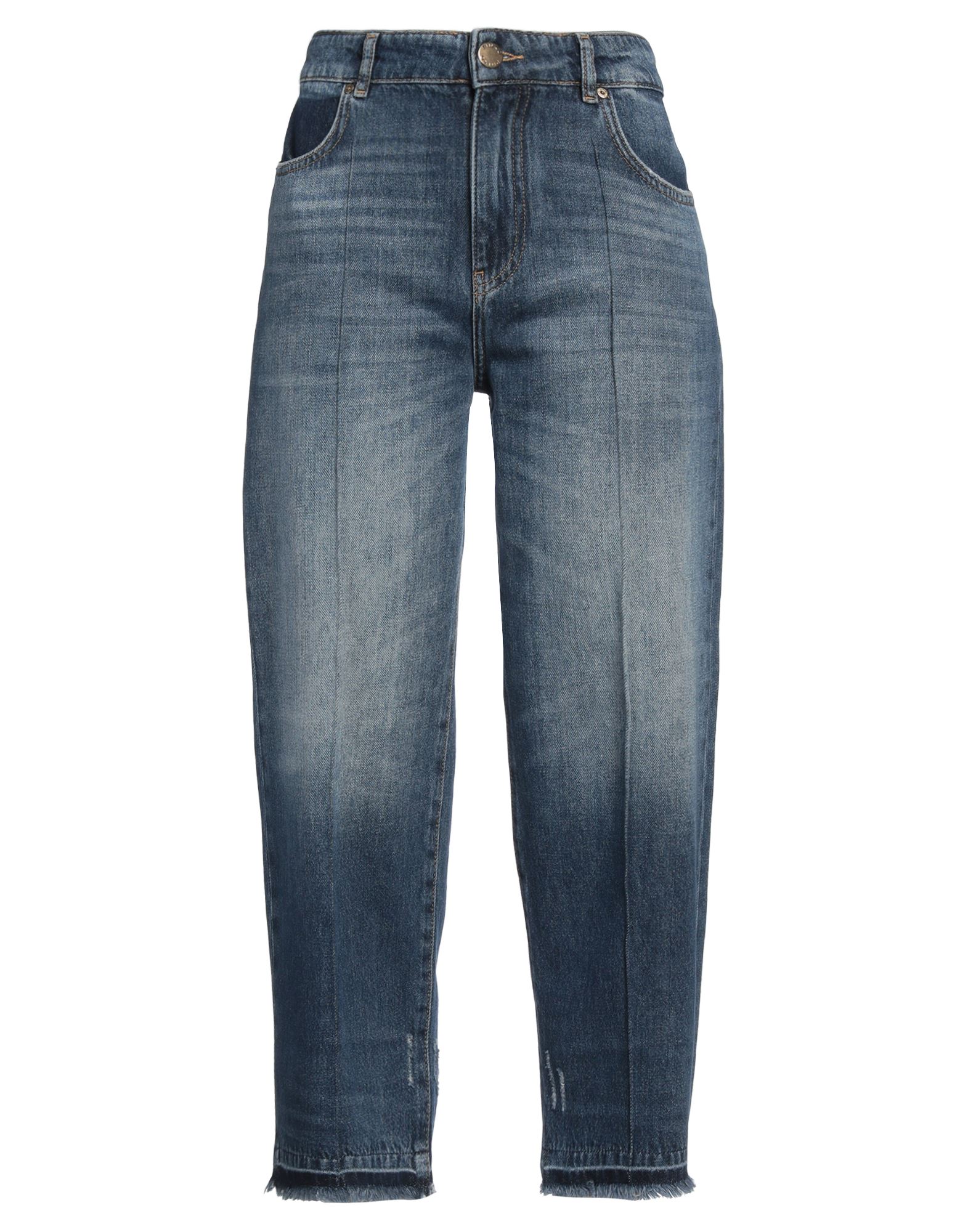 맘 진, 데님, 바랜 효과, 솔리드 컬러, 브랜드 로고, 미디엄 워싱, 하이 웨이스트, 벨트 루프, 레귤러 핏, 지퍼 여밈, 1 버튼, 프린지 헴, 멀티 포켓, 세탁기로 세탁, 표백 금지, 건조기 사용불가, 크롭트. 이미지