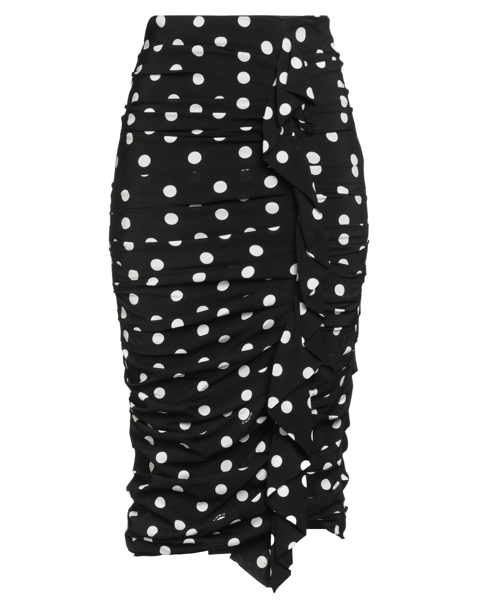 루쉬 디테일 스커트, 크레이프, 스트레치 패브릭, 폴카도트, 드레이프, 브랜드 로고, 안감있음, 지퍼 여밈, 후크 여밈, 드라이클리닝, 표백 금지, 건조기 사용불가. 이미지