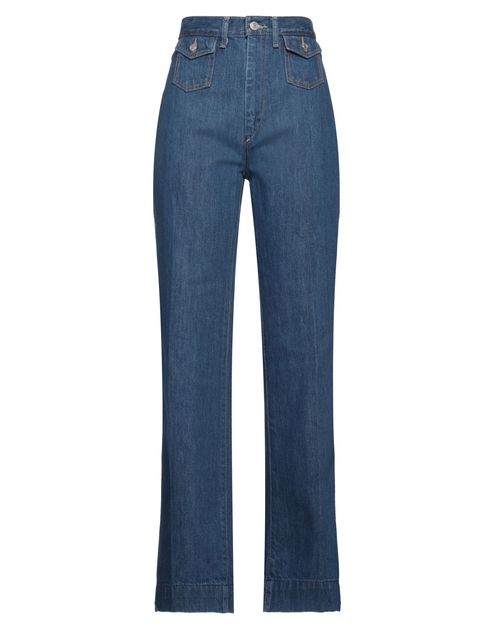 데님, 브랜드 로고, 솔리드 컬러, 미디엄 워싱, 하이 웨이스트, 벨트 루프, 스트레이트 레그, 레귤러 핏, 안감없음, 1 버튼, 지퍼 클로저, 멀티 포켓, 스트레이트 레그 스타일. 이미지