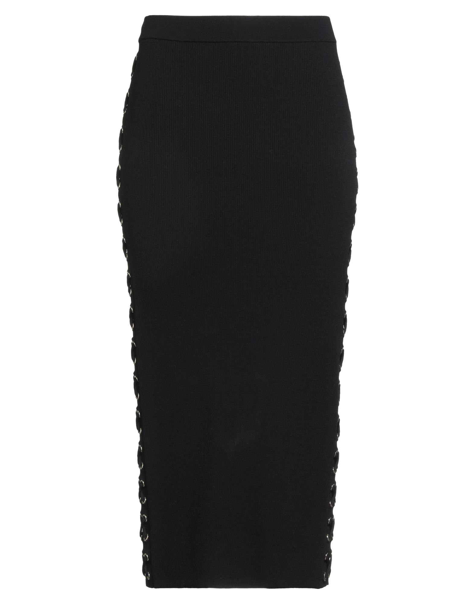 펜슬 스커트, 니트 소재, 리브(rib) 조직, 라이트웨이트 니트, 장식 디테일 솔리드 컬러, 장식 효과, 엘라스틱 웨이스트라인, 스트레치, 세탁기 세탁 또는 드라이클리닝, 표백 금지, 건조기 사용불가. 이미지