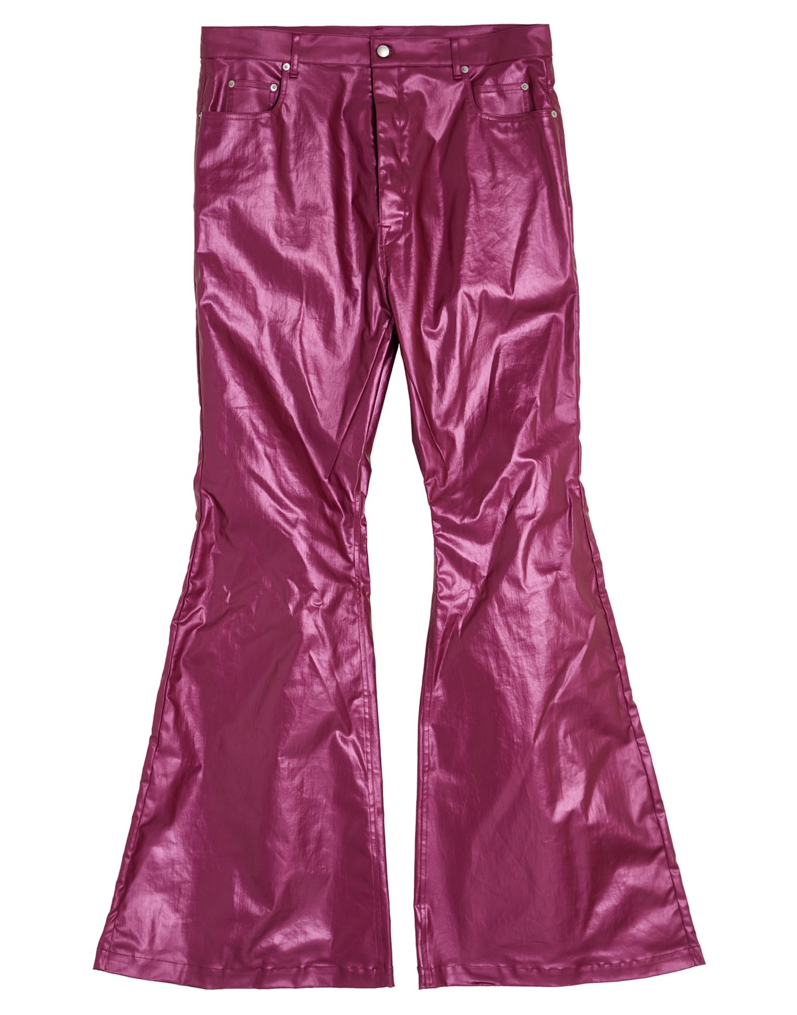 데님, 코팅 효과, 메탈릭 효과, 장식 부착 없음, 솔리드 컬러, 컬러 워싱, 하이 웨이스트, 레귤러 핏, 버튼 여밈, 멀티 포켓, 물세탁 불가, 표백 금지, 건조기 사용불가, 다림질 금지, 플레어 진. 이미지