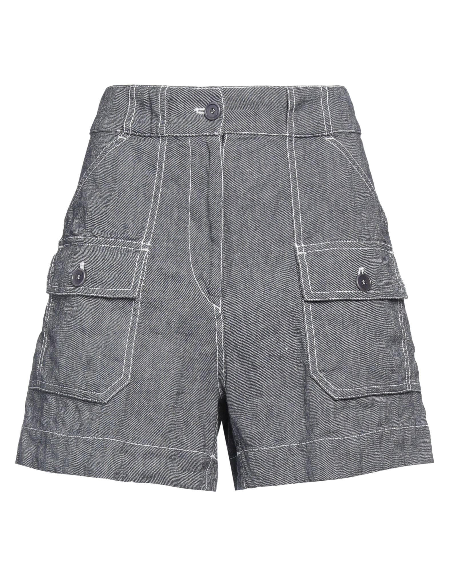 카고 쇼츠, 데님, 솔리드 컬러, 장식 부착 없음, 다크 워싱, 하이 웨이스트, 지퍼 여밈, 버튼 여밈, 포켓 5개, 세탁기 세탁 또는 드라이클리닝, 표백 금지, 건조기 사용불가, 바다로 떠나는 주말 여행이나 휴가를 위한 세련되고 편안한 스타일. 이미지