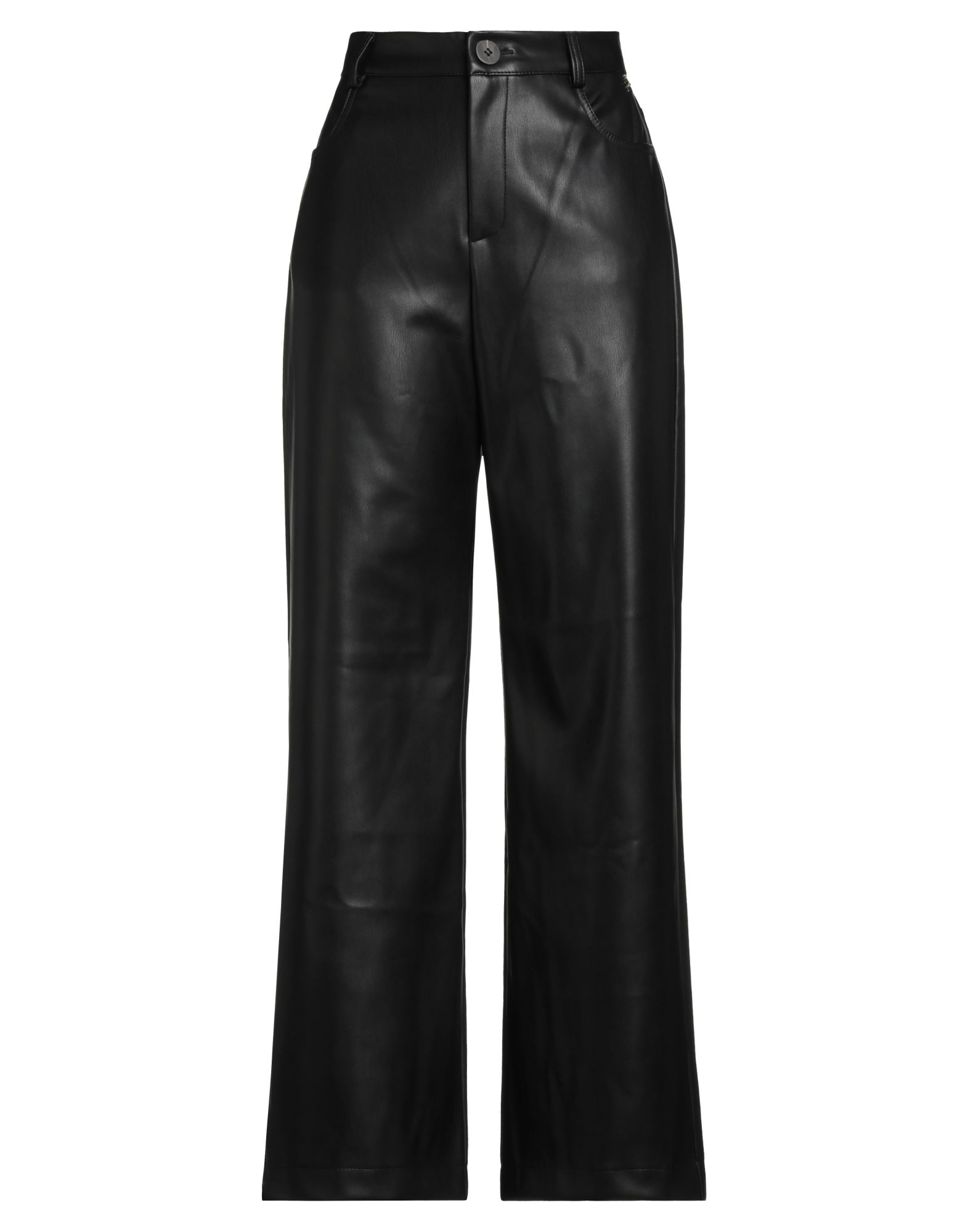 와이드 레그 팬츠, 인조가죽, 솔리드 컬러, 브랜드 로고, 하이 웨이스트, 벨트 루프, 레귤러 핏, 지퍼 여밈, 1 버튼, 슬릿 포켓, 패치 포켓, 세탁기 세탁 또는 드라이클리닝, 표백 금지, 건조기 사용불가. 이미지