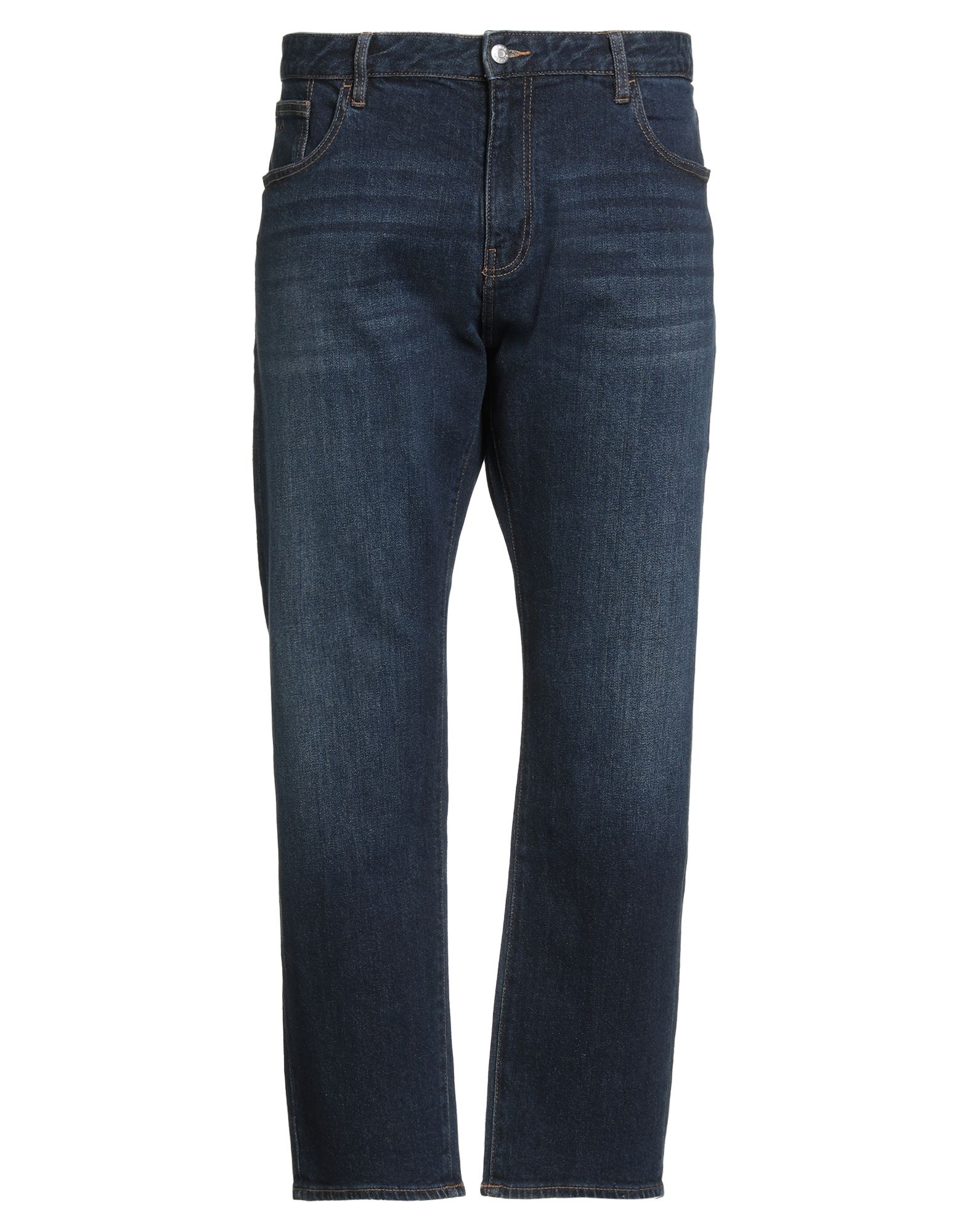 테이퍼드 진, 데님, 솔리드 컬러, 브랜드 로고, 다크 워싱, 하이 웨이스트, 벨트 루프, 레귤러 핏, 지퍼 여밈, 1 버튼, 포켓 5개, 세탁기로 세탁, 표백 금지, 건조기 사용불가. 이미지