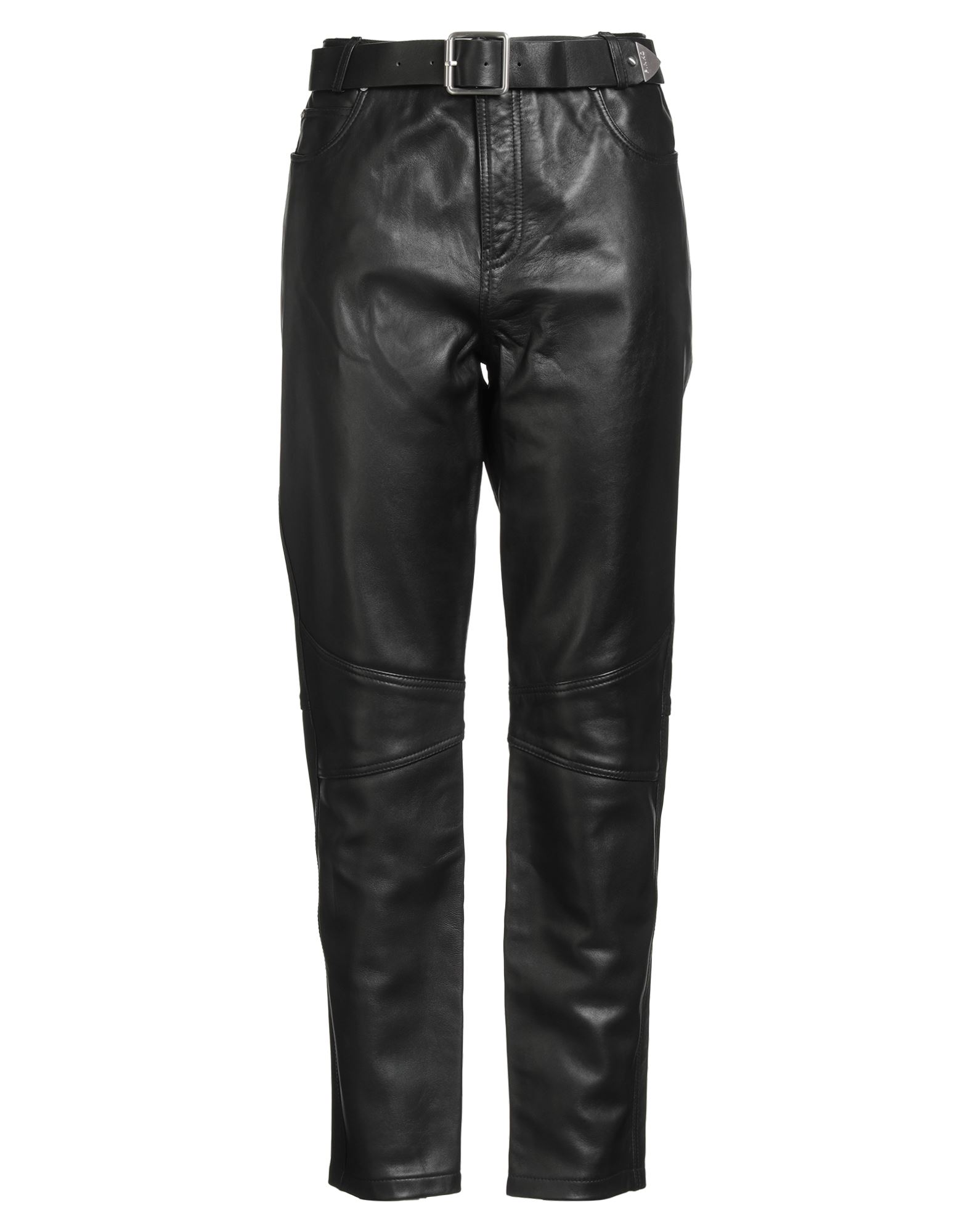 테이퍼드 팬츠, 가죽, 솔리드 컬러, 벨트, 브랜드 로고, 하이 웨이스트, 벨트 루프, 레귤러 핏, 지퍼 여밈, 1 버튼, 멀티 포켓, 물세탁 불가, 표백 금지, 건조기 사용불가, 다림질 금지, 동물성 비섬유 자재 함유. 이미지