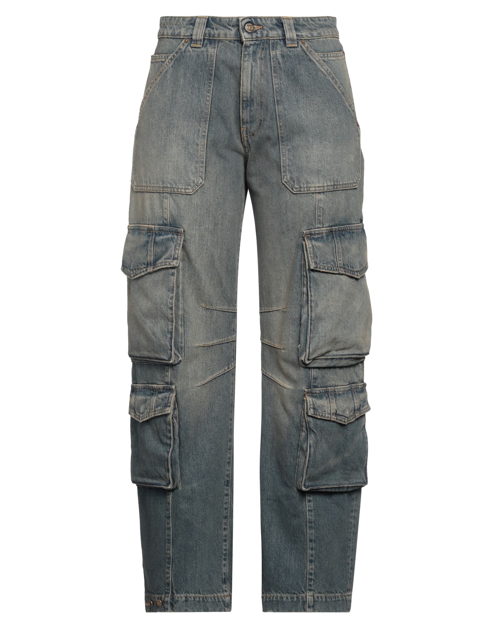 데님 카고 팬츠, 데님, 바랜 효과, 솔리드 컬러, 브랜드 로고, 다크 워싱, 하이 웨이스트, 컴포트 핏, 1 버튼, 지퍼 여밈, 플랩 포켓, 패치 포켓, 세탁기 세탁 또는 드라이클리닝, 표백 금지, 건조기 사용불가, 이 브랜드는 사이즈가 크게 나옵니다. 이미지