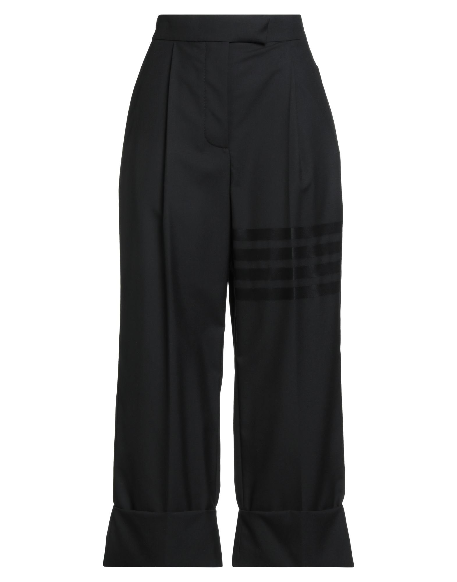 스트레이트 레그 팬츠, 울 보일, 솔리드 컬러, 하프 벨트, 브랜드 로고, 하이 웨이스트, 레귤러 핏, 버튼 여밈, 후크 여밈, 폴디드 헴, 웰트 포켓, 슬릿 포켓, 드라이클리닝, 표백 금지, 건조기 사용불가. 이미지