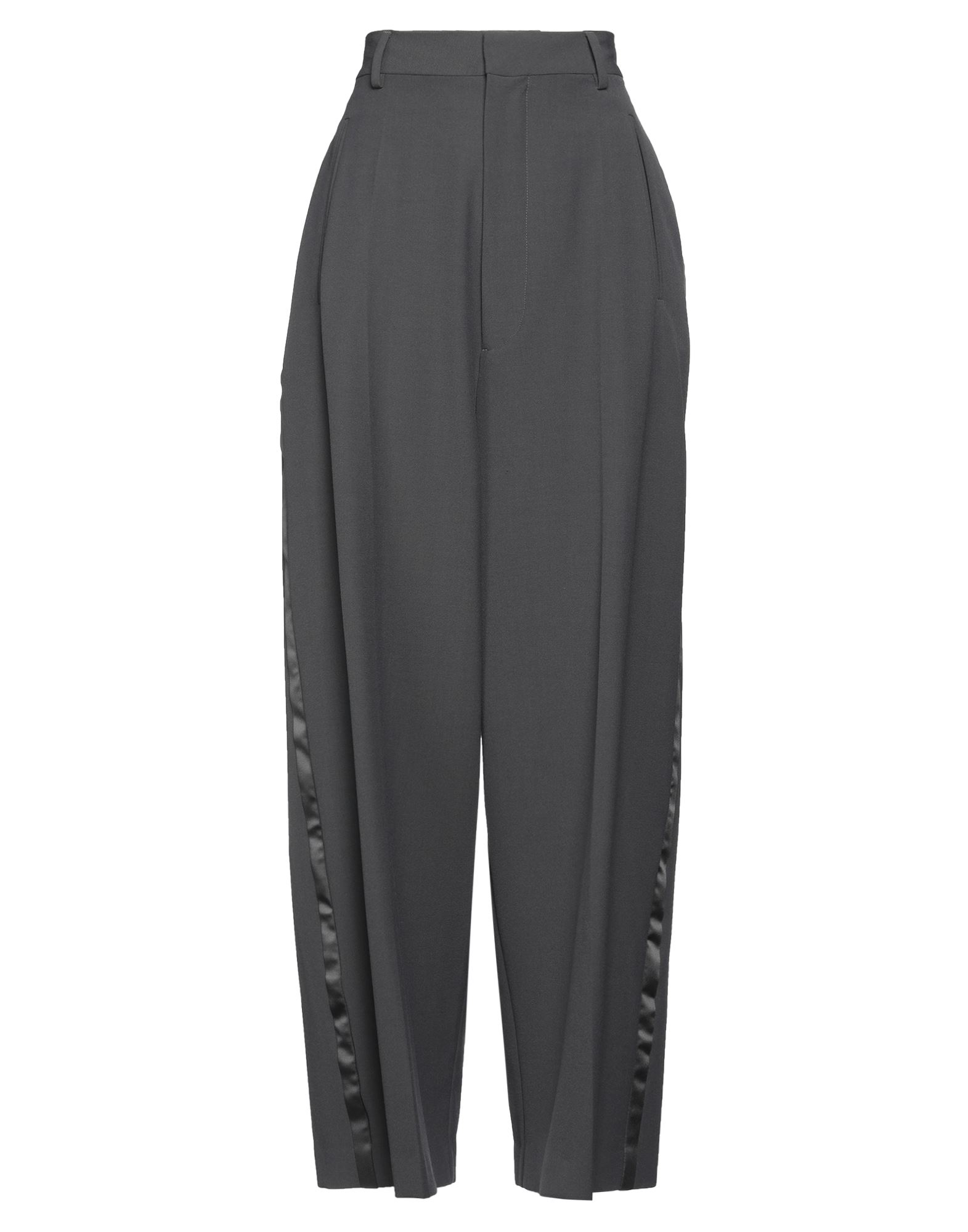 와이드 레그 팬츠, 크레이프, 새틴, 솔리드 컬러, 장식 부착 없음, 하이 웨이스트, 벨트 루프, 레귤러 핏, 지퍼 여밈, 후크 여밈, 멀티 포켓, 스트레치, 드라이클리닝, 표백 금지, 건조기 사용불가. 이미지