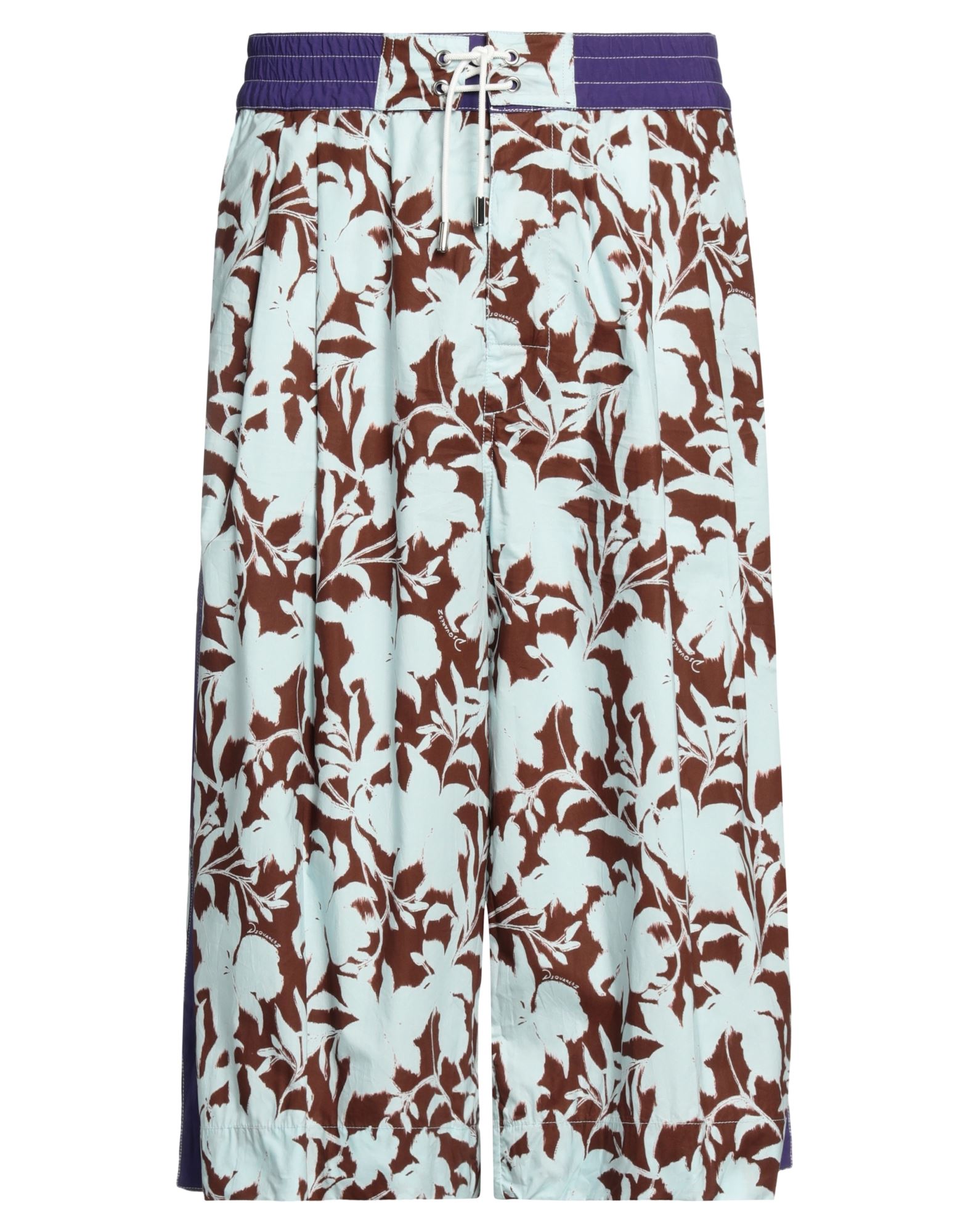 버뮤다 쇼츠, 우븐, 플로럴 모티브, 브랜드 로고, 사이드 스트라이프, 하이 웨이스트, 엘라스틱 웨이스트라인, 레귤러 핏, 타이 여밈, 멀티 포켓, 세탁기 세탁 또는 드라이클리닝, 표백 금지, 건조기 사용불가. 이미지