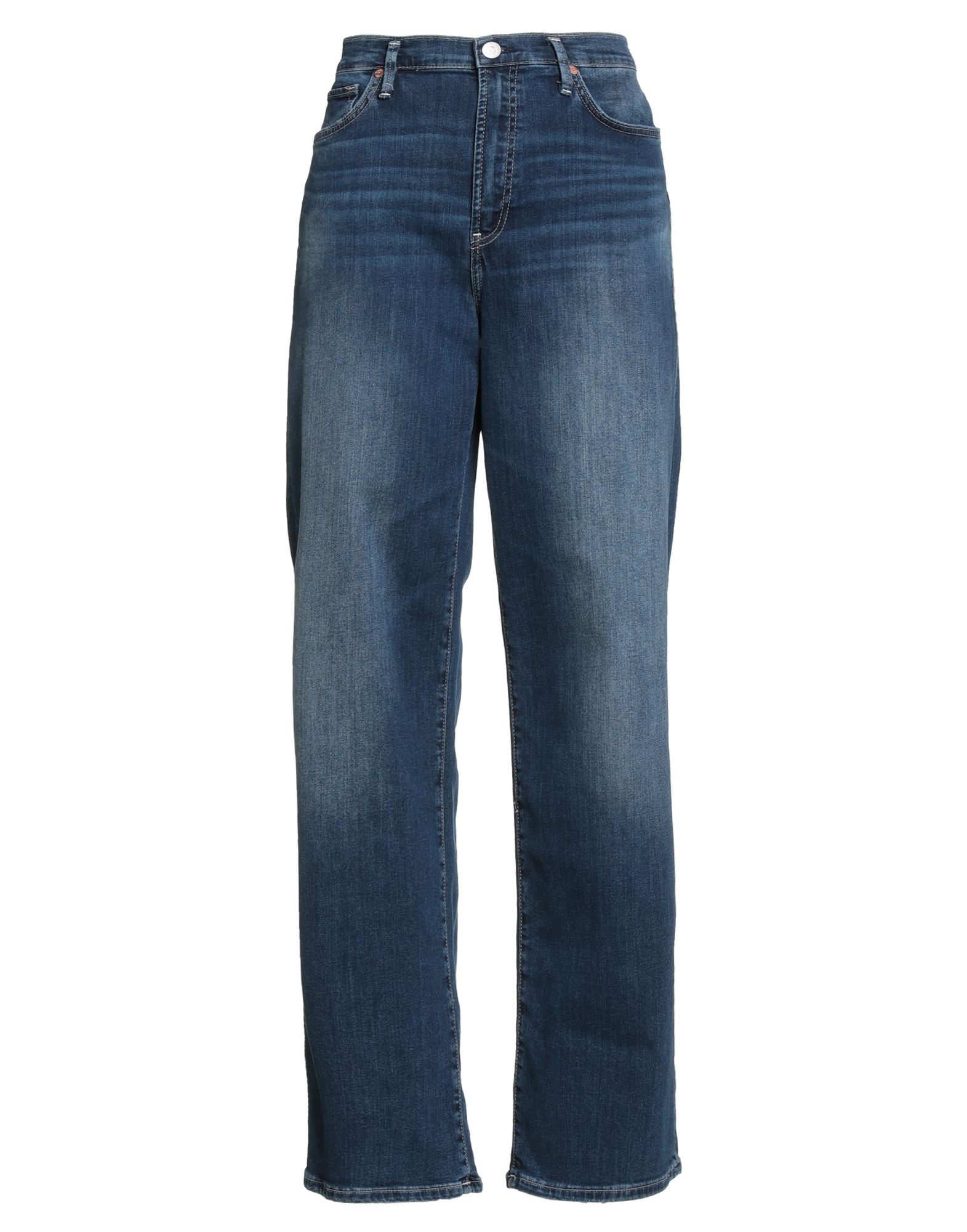 배기 진, 데님, 바랜 효과, 솔리드 컬러, 브랜드 로고, 미디엄 워싱, 하이 웨이스트, 레귤러 핏, 지퍼 여밈, 버튼 여밈, 멀티 포켓, 스트레치, 세탁기로 세탁, 표백 금지, 건조기 사용불가. 이미지