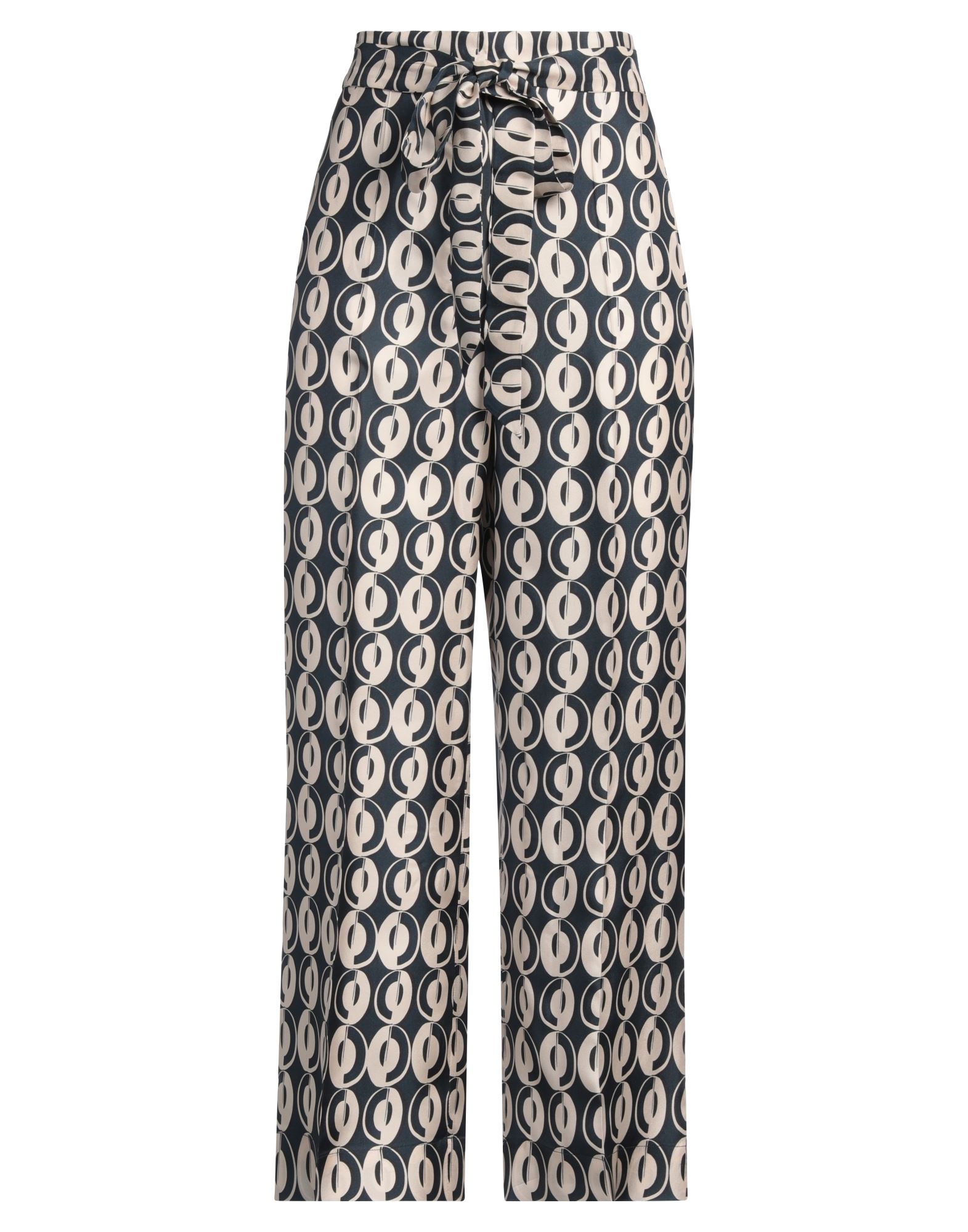 와이드 레그 팬츠, 새틴, 기하학 패턴, 벨트, 하이 웨이스트, 레귤러 핏, 지퍼 여밈, 후크 여밈, 멀티 포켓, 드라이클리닝, 표백 금지, 건조기 사용불가, 동물성 비섬유 자재 함유. 이미지