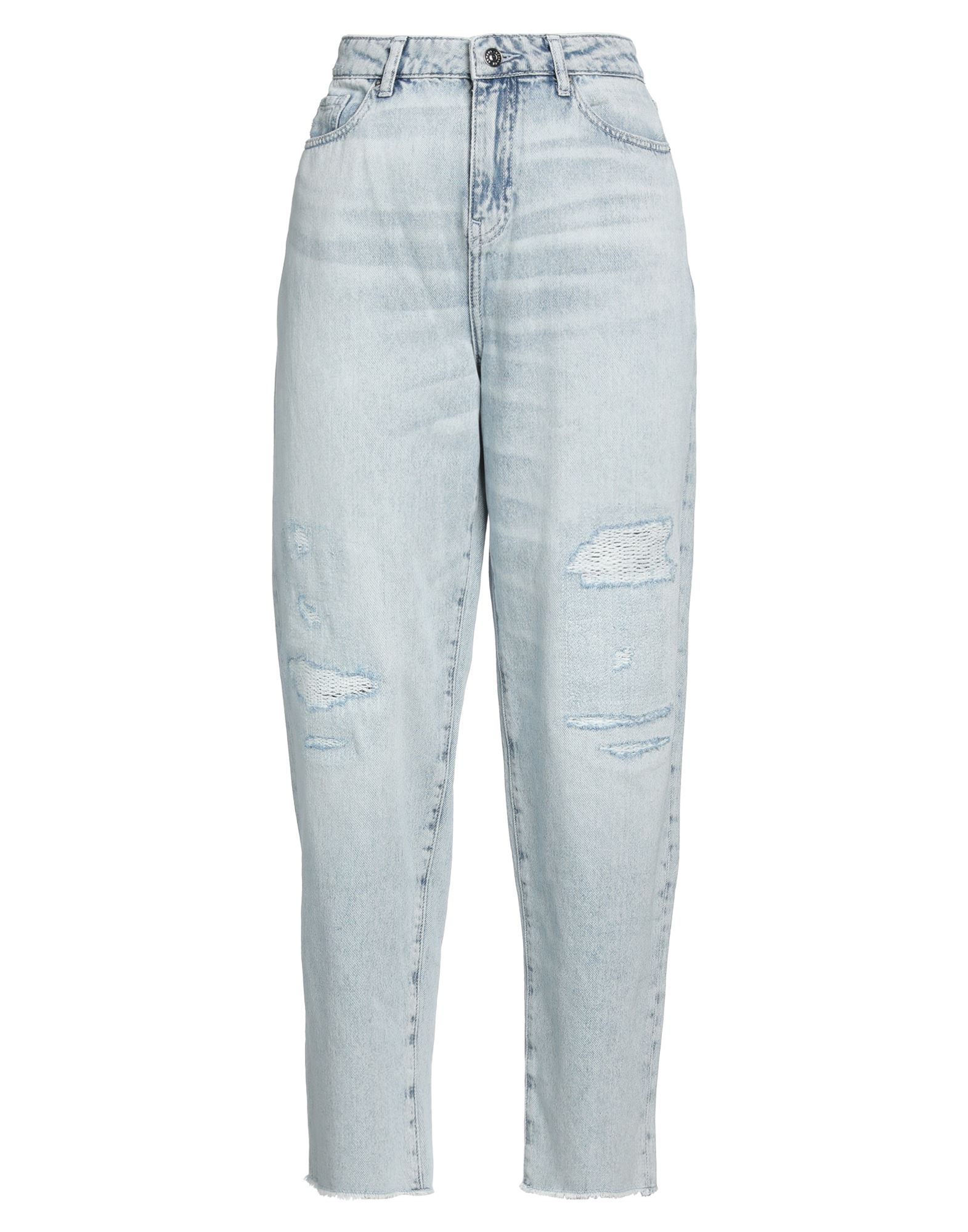 테이퍼드 진, 데님, 솔리드 컬러, 브랜드 로고, 라이트 워싱, 하이 웨이스트, 벨트 루프, 레귤러 핏, 1 버튼, 멀티 포켓, 세탁기로 세탁, 표백 금지, 건조기 사용불가. 이미지