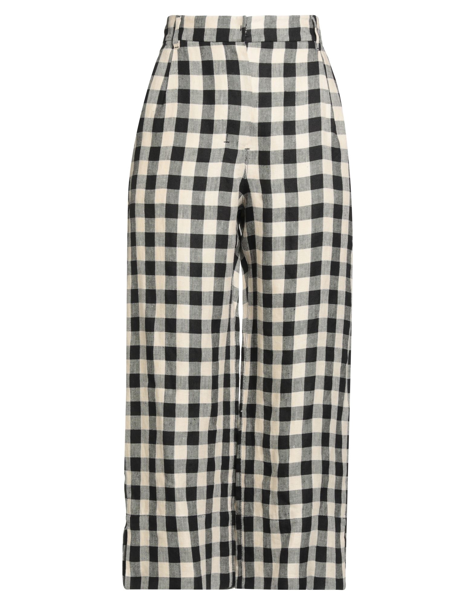와이드 레그 팬츠, 리넨, 체크, 장식 부착 없음, 하이 웨이스트, 벨트 루프, 레귤러 핏, 지퍼 여밈, 후크 여밈, 드라이클리닝, 표백 금지, 건조기 사용불가, 동물성 비섬유 자재 함유, 크롭트, 편안함과 우아함이 결합된 격식을 갖춘 세련된 포멀 오피스 룩. 이미지