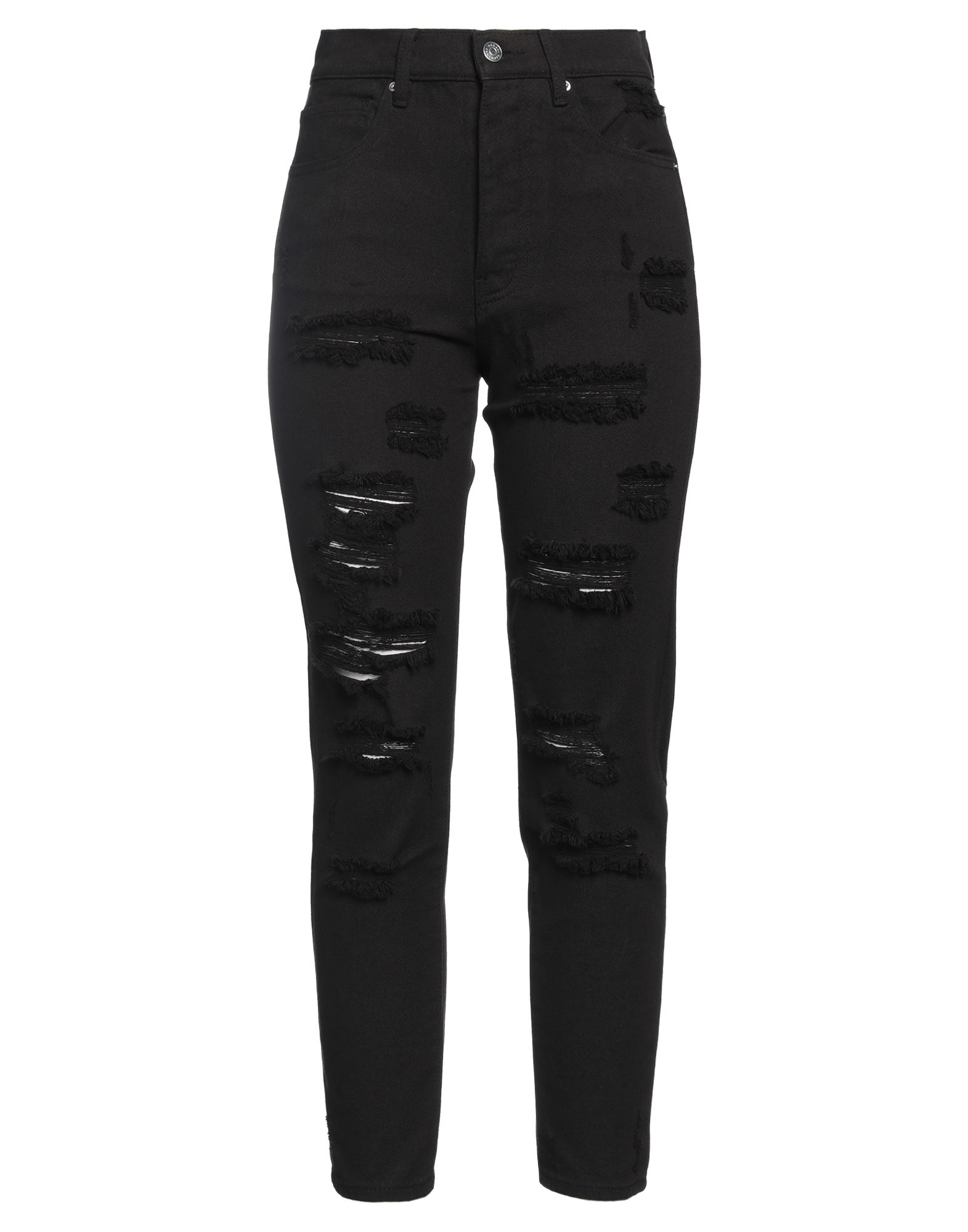 테이퍼드 진, 데님, 디스트레스드 효과, 브랜드 로고, 솔리드 컬러, 컬러 워싱, 하이 웨이스트, 레귤러 핏, 버튼 여밈, 멀티 포켓, 세탁기로 세탁, 표백 금지, 건조기 사용불가. 이미지