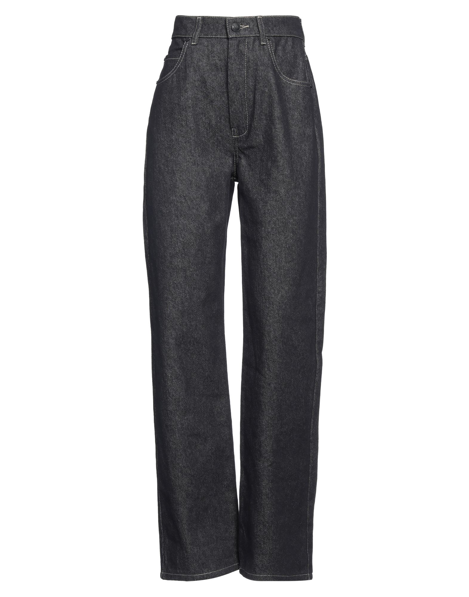 스트레이트 레그 진, 데님, 솔리드 컬러, 브랜드 로고, 다크 워싱, 하이 웨이스트, 벨트 루프, 레귤러 핏, 1 버튼, 지퍼 여밈, 멀티 포켓, 세탁기로 세탁, 표백 금지, 건조기 사용불가. 이미지