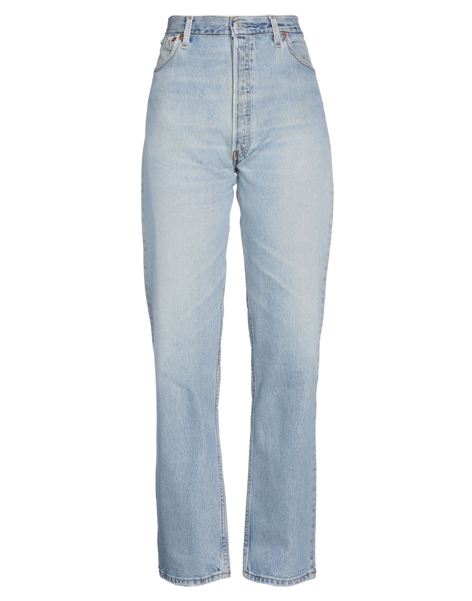 데님, 바랜 효과, 브랜드 로고, 가죽 디테일, 솔리드 컬러, 라이트 워싱, 하이 웨이스트, 벨트 루프, 스트레이트 레그, regular fit, 버튼 여밈, 포켓 5개, 동물성 비섬유 자재 함유, 스트레이트 레그 스타일. 이미지