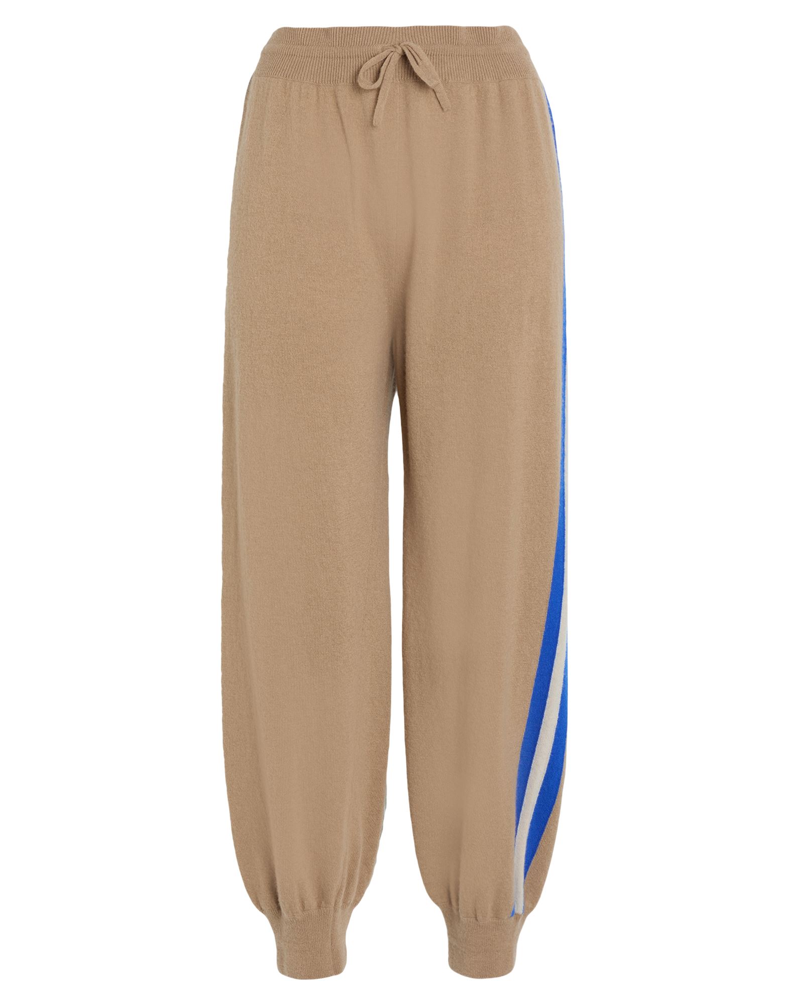 테이퍼드 팬츠, 니트 소재, 라이트웨이트 니트, 멀티컬러 패턴, 사이드 스트라이프, 하이 웨이스트, 드로스트링 웨이스트, 컴포트 핏, 손세탁 또는 드라이클리닝, 표백 금지, 건조기 사용불가. 이미지