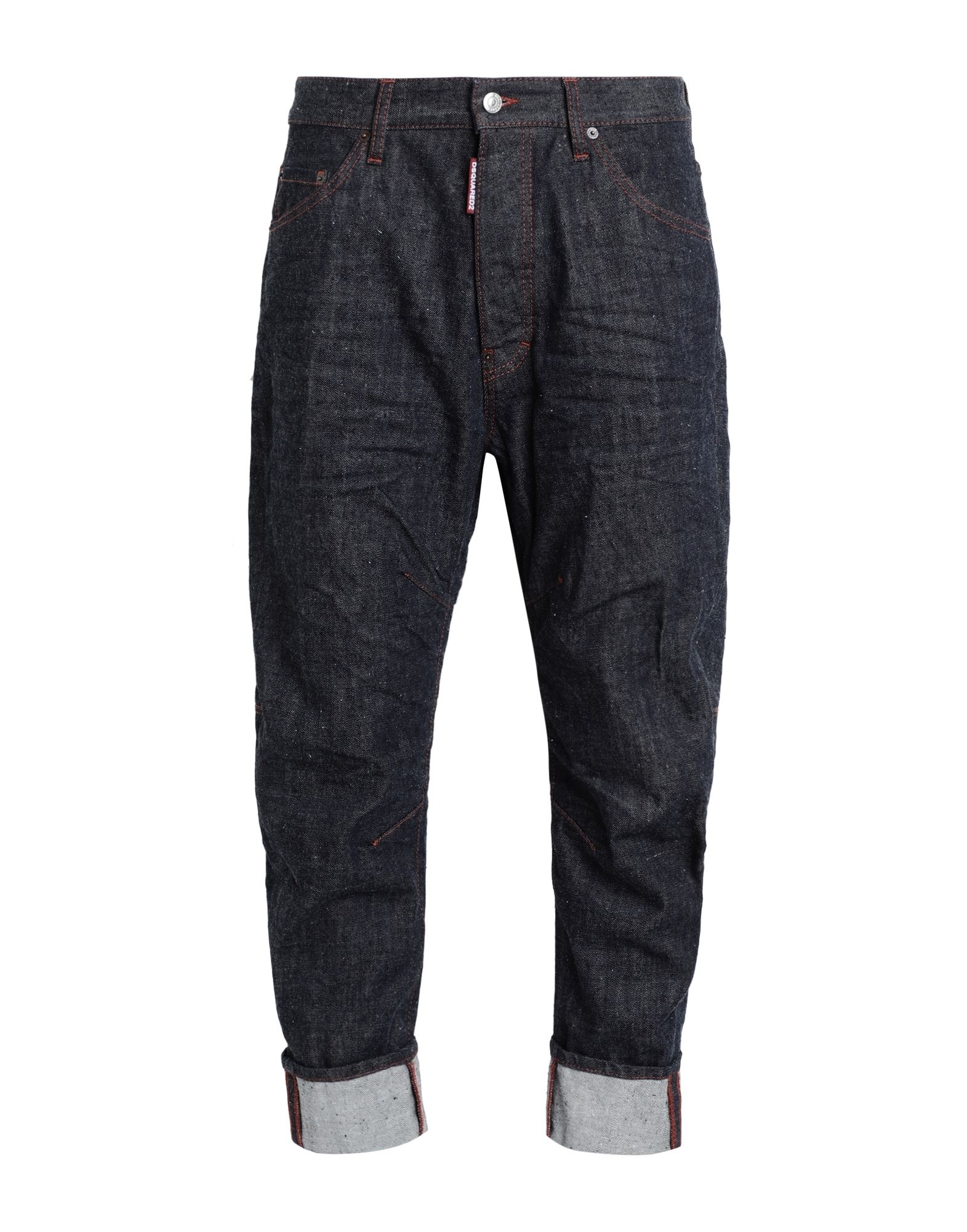 테이퍼드 진, 데님, 프린트 디테일 솔리드 컬러, 브랜드 로고, 다크 워싱, 하이 웨이스트, 벨트 루프, 레귤러 핏, 버튼 여밈, 폴디드 헴, 멀티 포켓, 손세탁, 표백 금지, 건조기 사용불가, 동물성 비섬유 자재 함유. 이미지