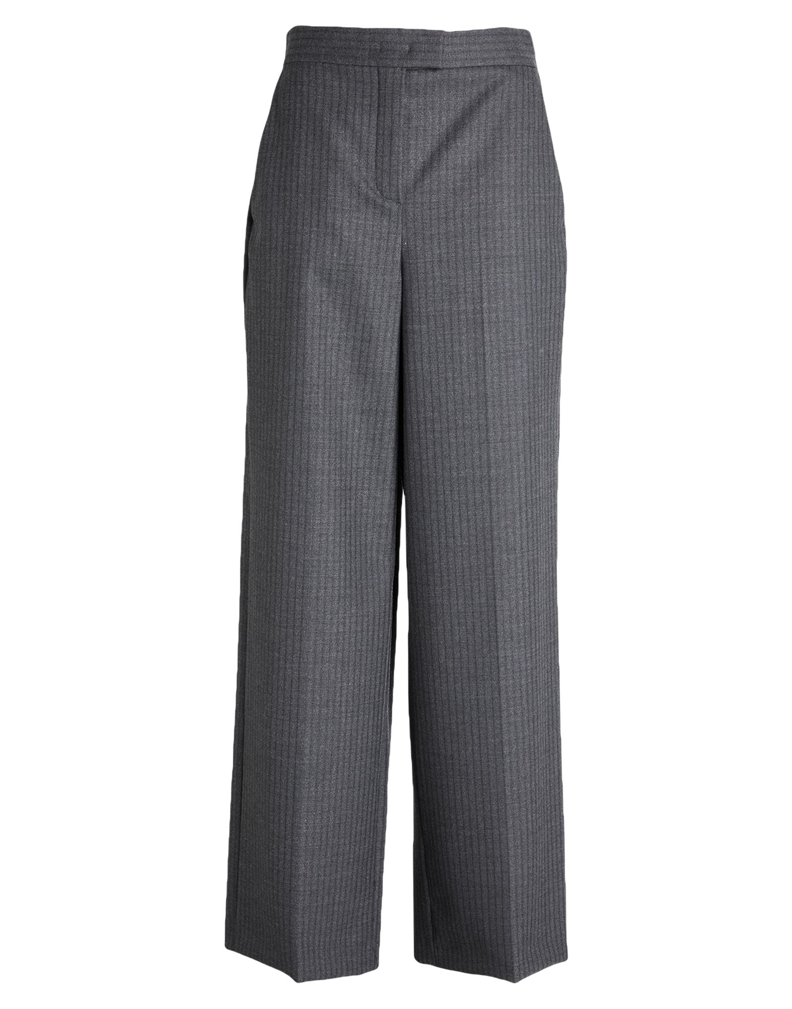 와이드 레그 팬츠, 울 보일, 스트레치 패브릭, 핀스트라이프, 장식 부착 없음, 하이 웨이스트, 컴포트 핏, 지퍼 여밈, 후크 여밈, 멀티 포켓, 드라이클리닝, 건조기 사용불가, 편안함과 우아함이 결합된 격식을 갖춘 세련된 포멀 오피스 룩. 이미지