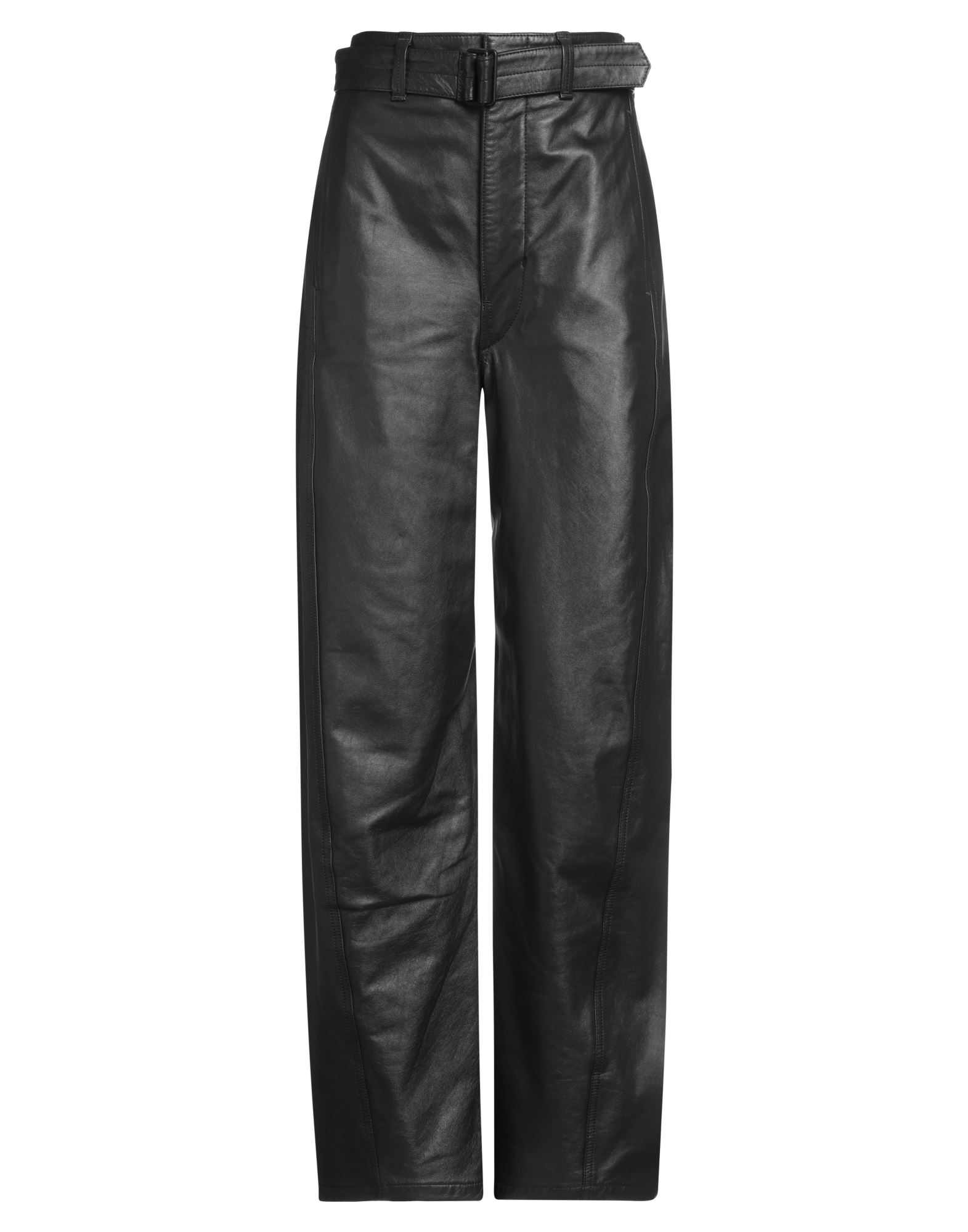 와이드 레그 팬츠, 가죽, 솔리드 컬러, 벨트, 하이 웨이스트, 레귤러 핏, 지퍼 여밈, 후크 여밈, 슬릿 포켓, 패치 포켓, 물세탁 불가, 표백 금지, 건조기 사용불가, 동물성 비섬유 자재 함유, 이 브랜드는 사이즈가 크게 나옵니다. 이미지