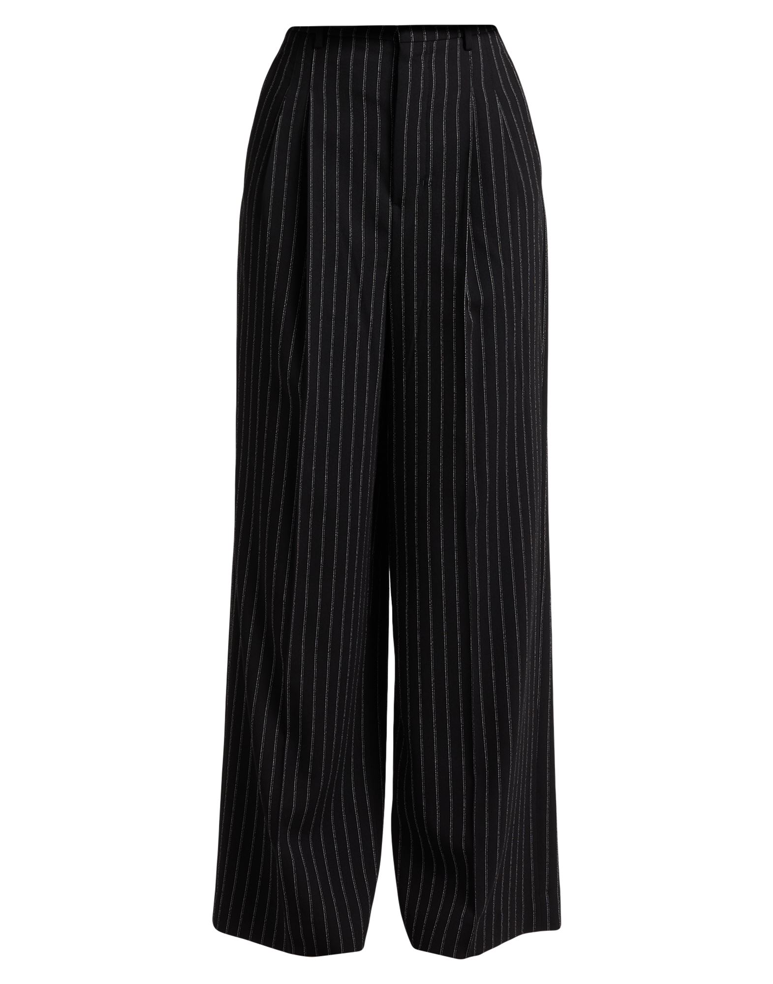 와이드 레그 팬츠, 크레이프, 핀스트라이프, 장식 부착 없음, 하이 웨이스트, 컴포트 핏, 지퍼 여밈, 후크 여밈, 슬릿 포켓, 드라이클리닝, 표백 금지, 건조기 사용불가. 이미지