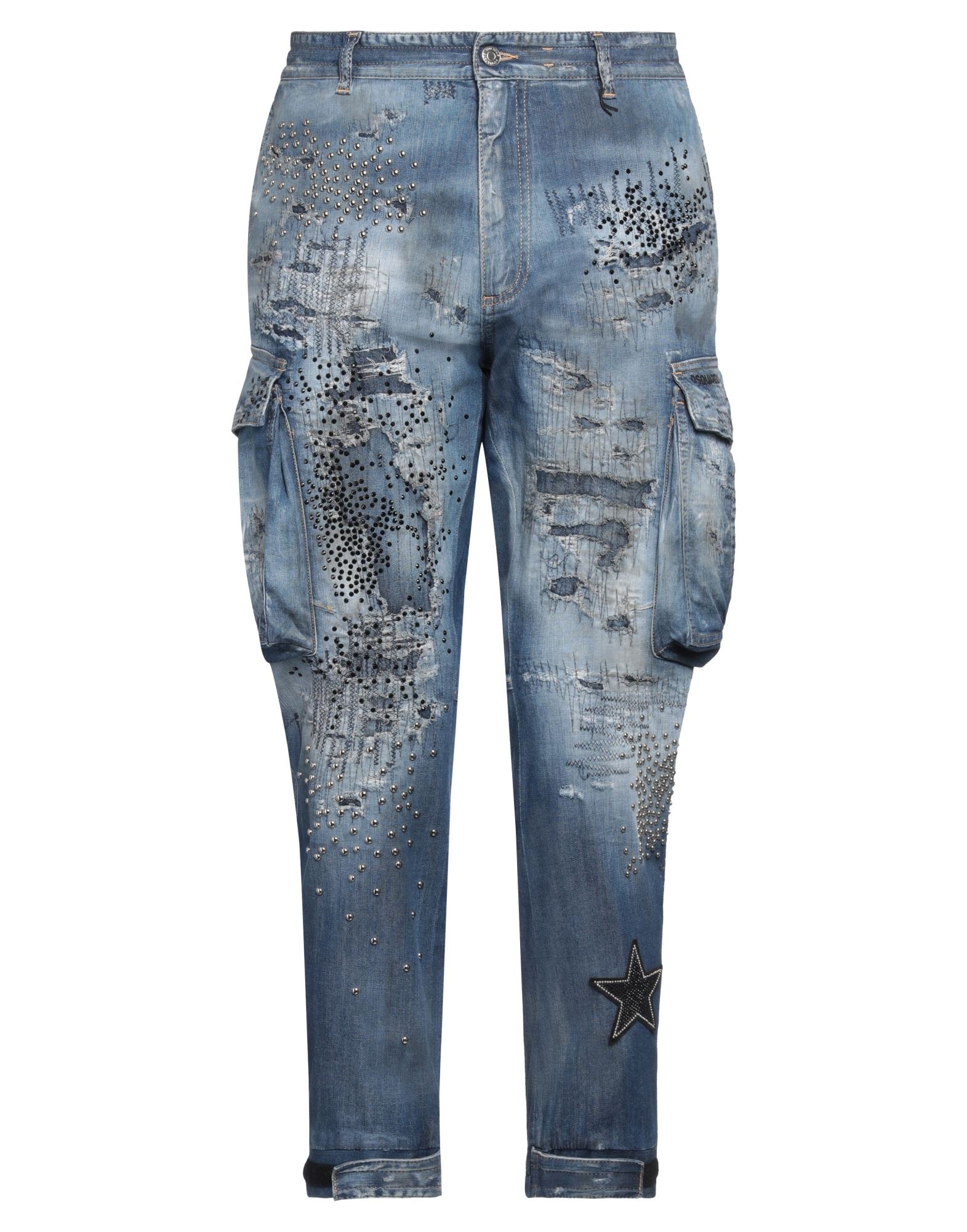 데님 카고 팬츠, 데님, 바랜 효과, 디스트레스드 효과, 장식 디테일 솔리드 컬러, 장식 효과, 크리스탈, 브랜드 로고, 미디엄 워싱, 하이 웨이스트, 레귤러 핏, 1 버튼, 지퍼 여밈, 멀티 포켓, 스트레치, 손세탁 또는 드라이클리닝, 표백 금지, 건조기 사용불가, 크롭트. 이미지