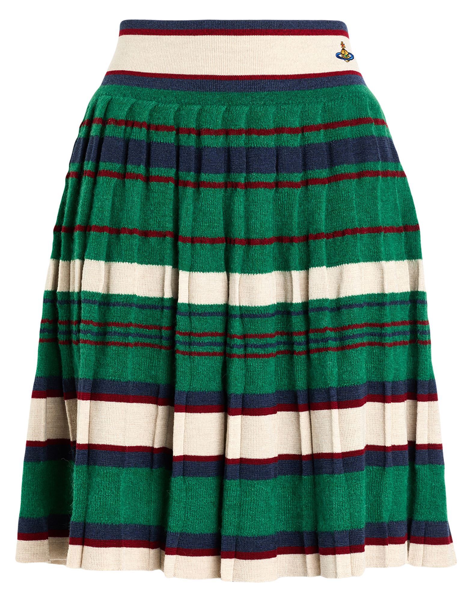 플리츠 스커트, 니트 소재, 미디엄웨이트 니트, 스트라이프, 장식 부착 없음, 엘라스틱 웨이스트라인, 안감없음, 손세탁 또는 드라이클리닝, 표백 금지, 건조기 사용불가. 이미지