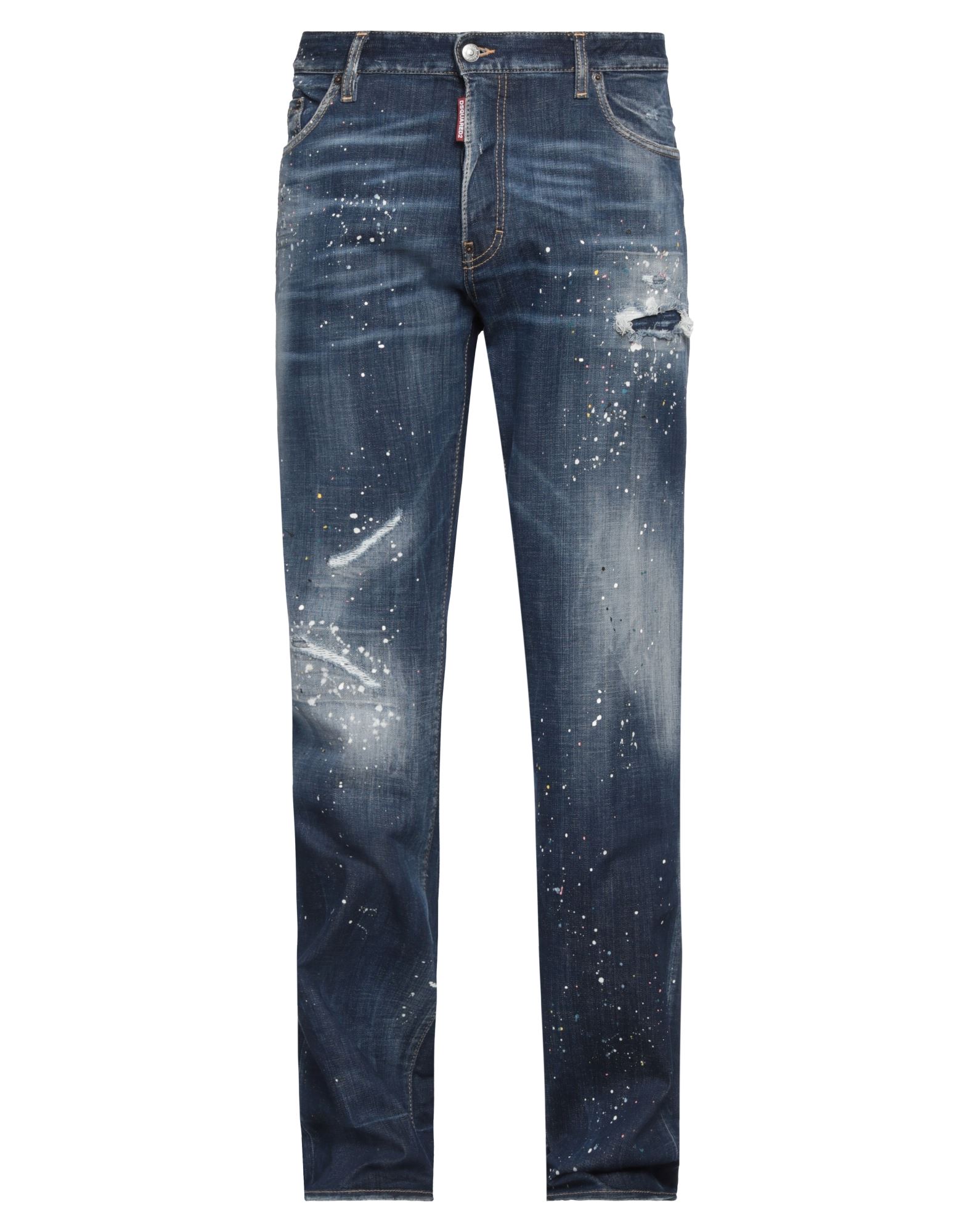 데님, 바랜 효과, 디스트레스드 효과, 브랜드 로고, 솔리드 컬러, 미디엄 워싱, 하이 웨이스트, 벨트 루프, 레귤러 핏, 버튼 여밈, 멀티 포켓, 스트레치, 세탁기 세탁 또는 드라이클리닝, 표백 금지, 건조기 사용불가, 스트레이트 레그 진. 이미지