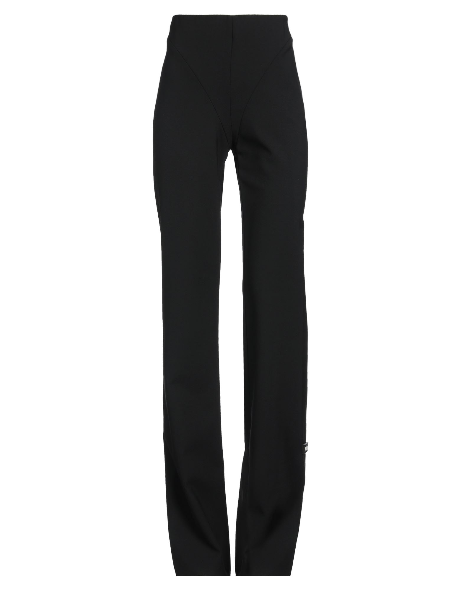 부츠컷 팬츠, 울 보일, 솔리드 컬러, 브랜드 로고, 하이 웨이스트, 엘라스틱 웨이스트라인, 레귤러 핏, 지퍼 여밈, 후크 여밈, 스트레치, 드라이클리닝, 표백 금지, 건조기 사용불가. 이미지