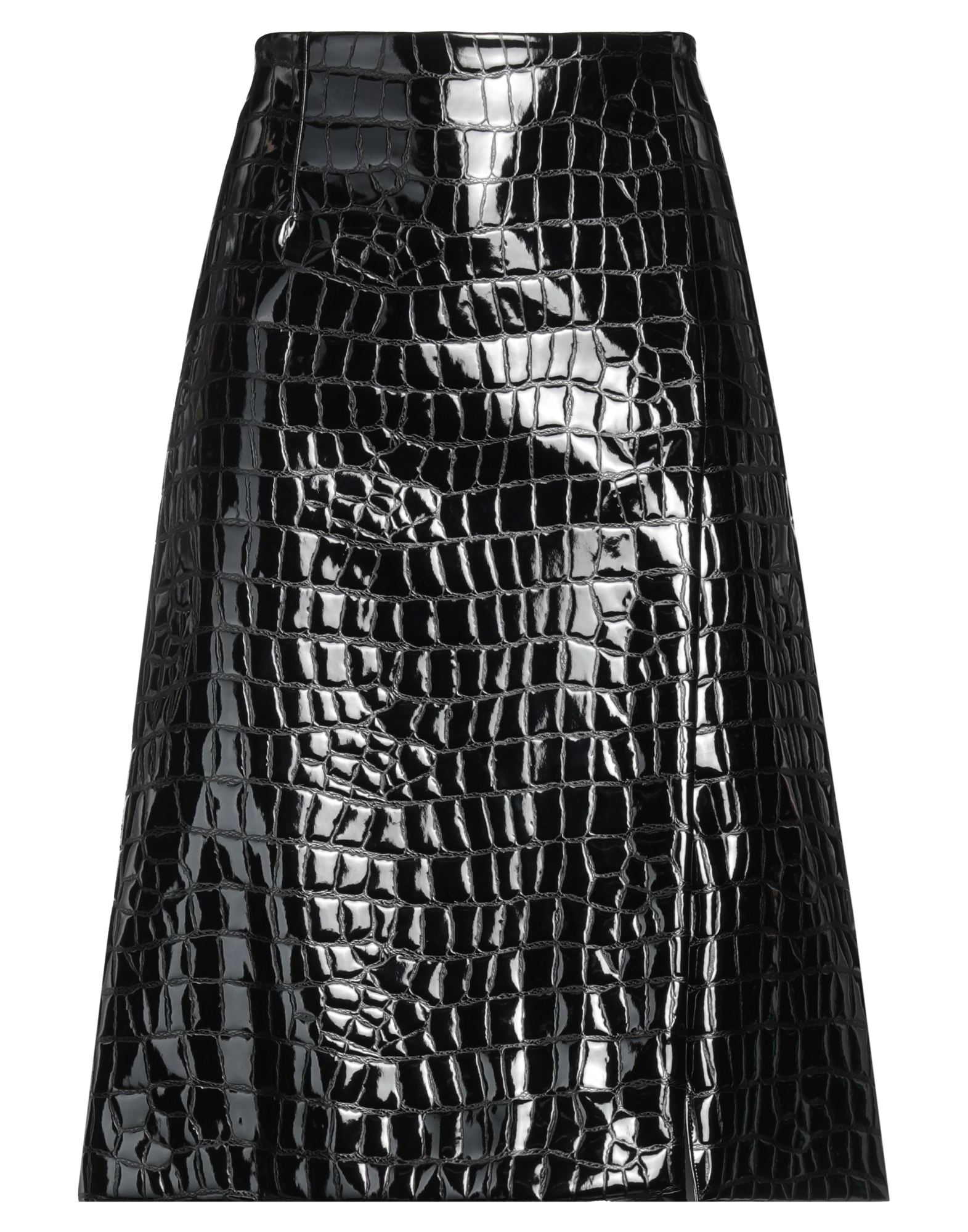 인조가죽, 바니쉬 처리, 장식 부착 없음, 솔리드 컬러, 안감있음, 지퍼 클로저, 포켓 없음, 펜슬 스커트. 이미지