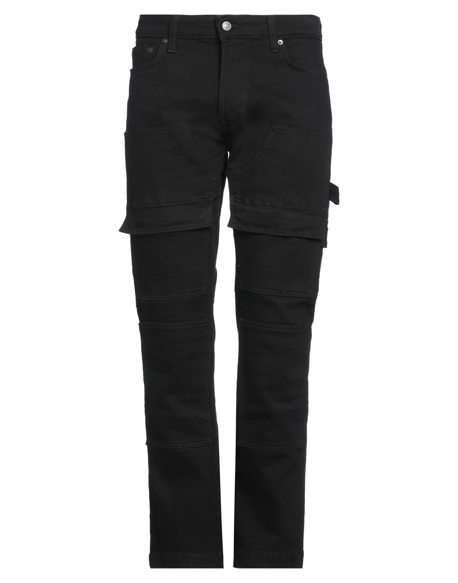 데님 카고 팬츠, 데님, 솔리드 컬러, 브랜드 로고, 컬러 워싱, 노멀 웨이스트, 레귤러 핏, 지퍼 여밈, 1 버튼, 멀티 포켓, 스트레치, 세탁기로 세탁, 표백 금지, 건조기 사용불가. 이미지