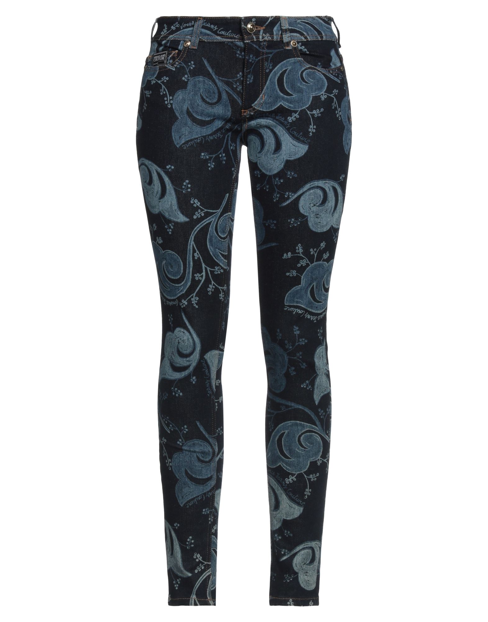 데님, 바랜 효과, 브랜드 로고, 플로럴 모티브, 다크 워싱, 노멀 웨이스트, 지퍼 여밈, 1 버튼, 포켓 5개, 스트레치, 스키니 스타일, 스몰 핏. 이미지