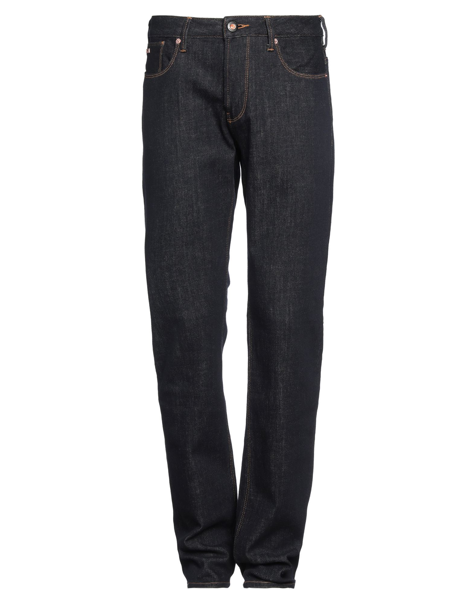 테이퍼드 진, 데님, 장식 디테일 솔리드 컬러, 가죽 인서트, 다크 워싱, 노멀 웨이스트, 레귤러 핏, 1 버튼, 지퍼 여밈, 멀티 포켓, 세탁기로 세탁, 표백 금지, 건조기 사용불가, 동물성 비섬유 자재 함유. 이미지