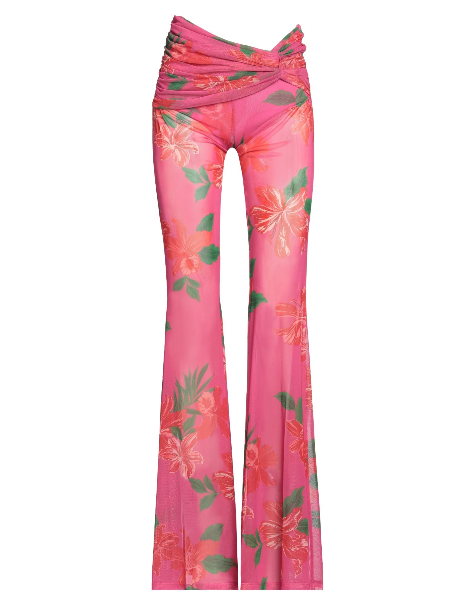 플레어 팬츠, 튤, 스트레치 패브릭, 플로럴 모티브, 드레이프, 노멀 웨이스트, 레귤러 핏, 언더팬츠 내장, 포켓 없음, 세탁기 세탁 또는 드라이클리닝, 표백 금지, 건조기 사용불가. 이미지