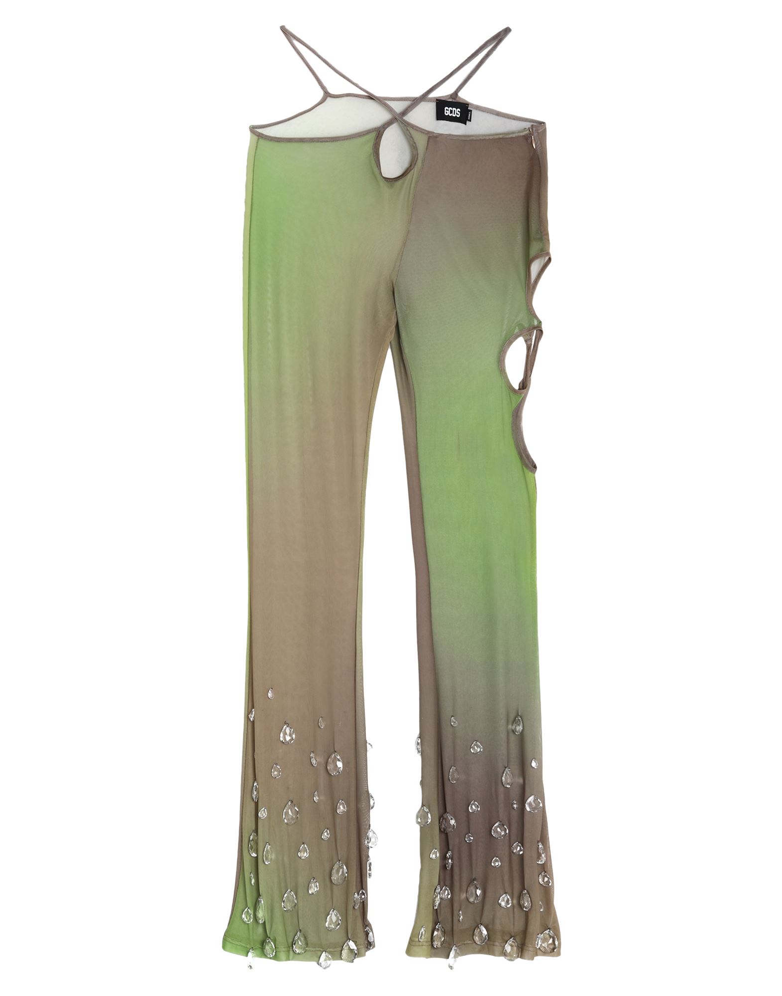 플레어 팬츠, 튤, 타이다이, 크리스탈, 컷아웃 효과, 로우 웨이스트, 레귤러 핏, 지퍼 여밈, 포켓 없음, 손세탁, 건조기 사용불가. 이미지