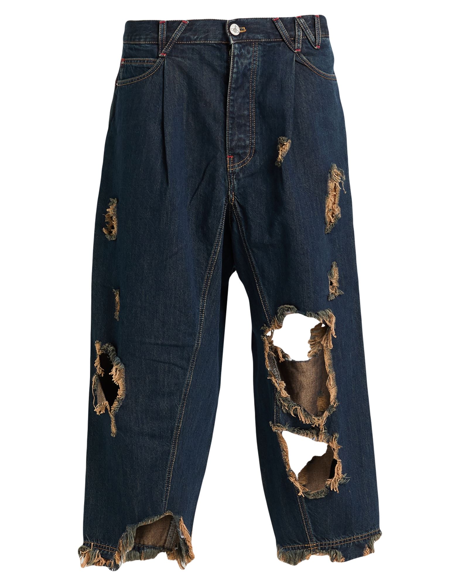 배기 진, 데님, 디스트레스드 효과, 바랜 효과, 솔리드 컬러, 브랜드 로고, 다크 워싱, 로우 크로치, 벨트 루프, 컴포트 핏, 히든 버튼 여밈, 멀티 포켓, 세탁기로 세탁, 표백 금지, 건조기 사용가능, 크롭트. 이미지