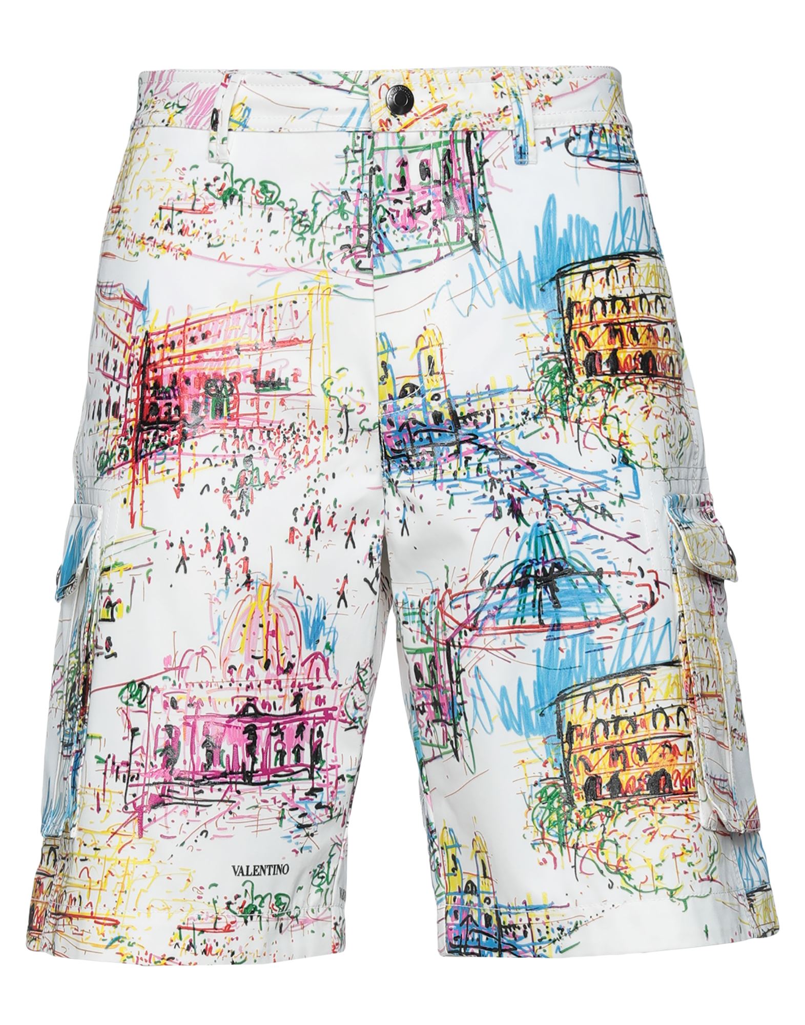 개버딘, 브랜드 로고, 멀티컬러 패턴, 하이 웨이스트, 지퍼 여밈, 버튼 여밈, 멀티 포켓, 이 브랜드는 사이즈가 크게 나옵니다, 캐주얼 쇼츠. 이미지