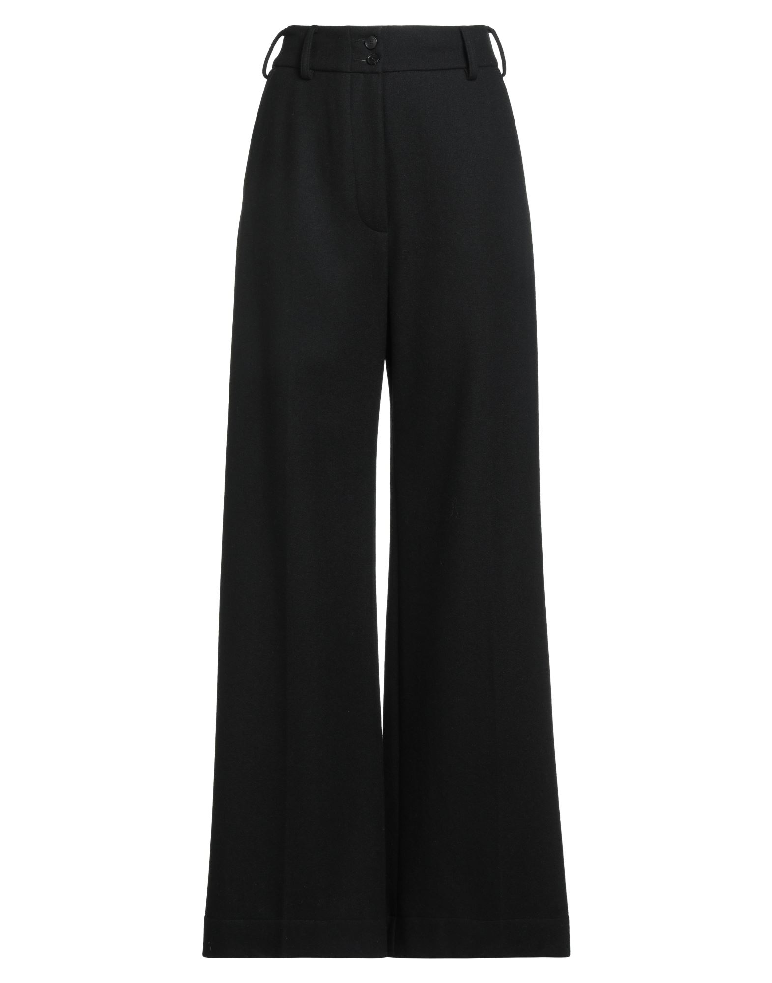 와이드 레그 팬츠, 울, 플란넬, 솔리드 컬러, 장식 부착 없음, 하이 웨이스트, 레귤러 핏, 지퍼 여밈, 버튼 여밈, 멀티 포켓, 드라이클리닝, 표백 금지, 건조기 사용불가, 동물성 비섬유 자재 함유, 흠잡을 데 없는 프로페셔널한 오피스 룩을 연출해줄 우아하고 세련된 아이템. 이미지