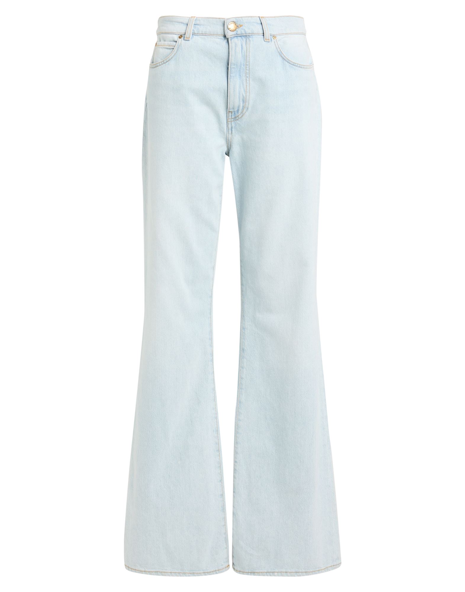 배기 진, 데님, 솔리드 컬러, 브랜드 로고, 라이트 워싱, 하이 웨이스트, 벨트 루프, 컴포트 핏, 1 버튼, 지퍼 여밈, 멀티 포켓, 세탁기 세탁 또는 드라이클리닝, 표백 금지, 건조기 사용불가. 이미지